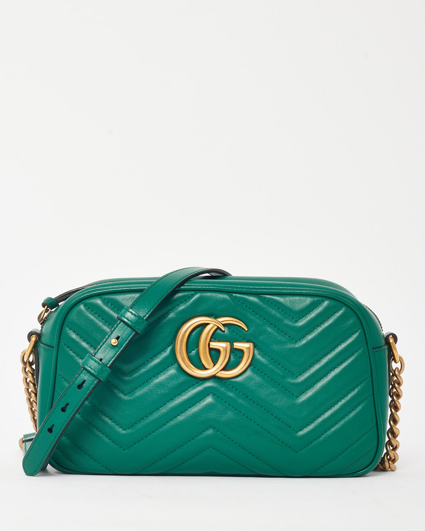 Gucci Green Matelassé Chevron Leather GG Marmont Small Camera Bag