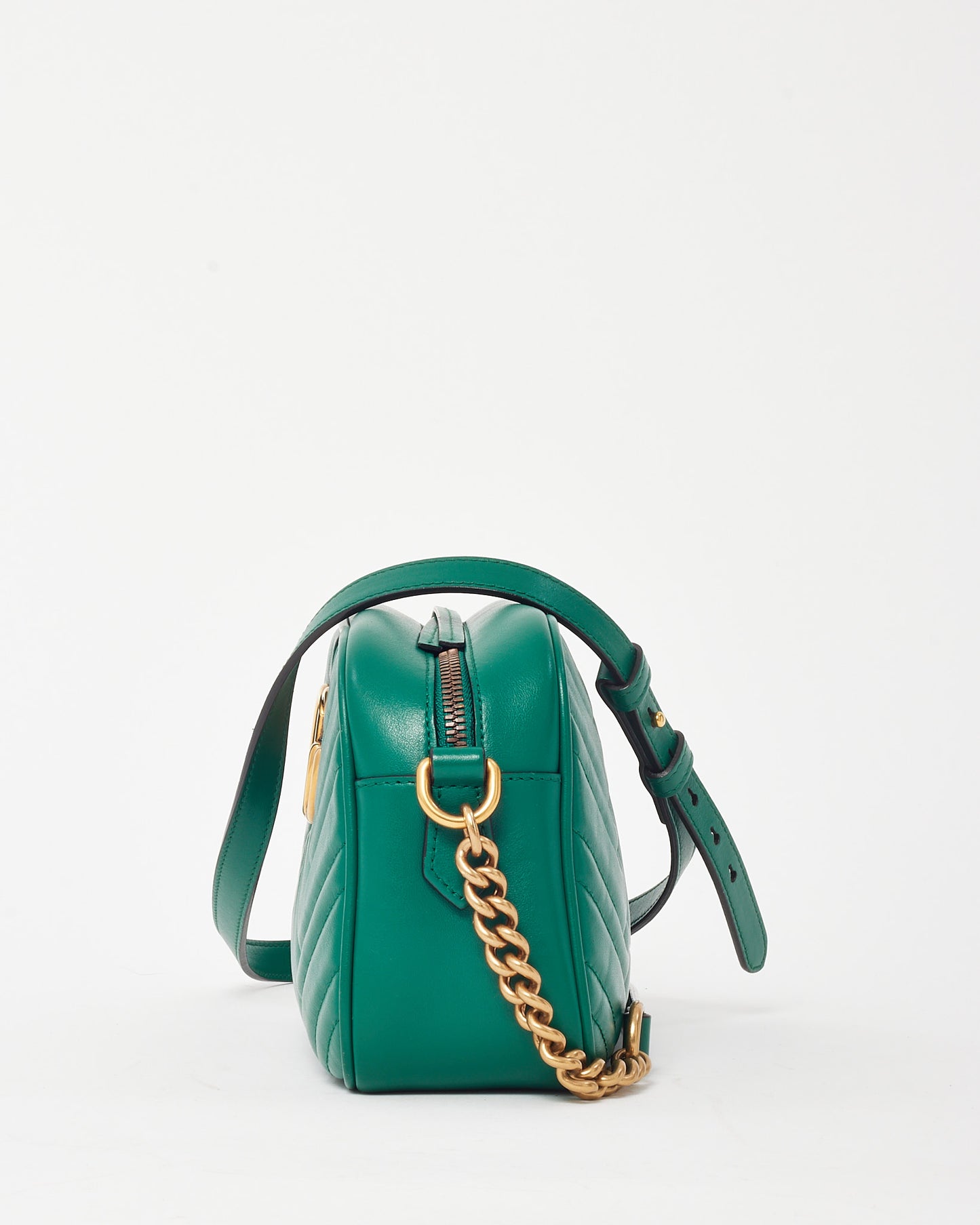 Gucci Green Matelassé Chevron Leather GG Marmont Small Camera Bag