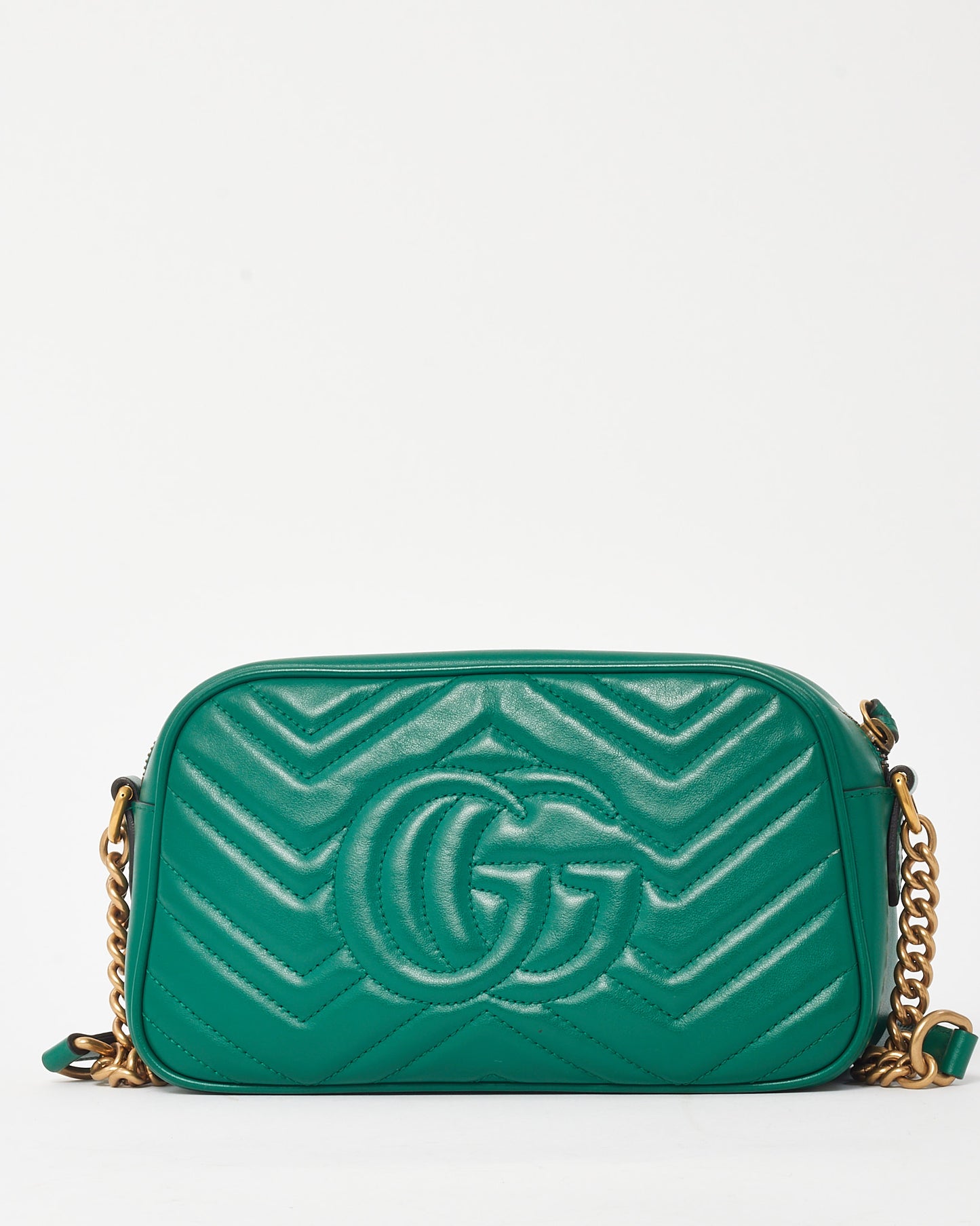 Gucci Green Matelassé Chevron Leather GG Marmont Small Camera Bag