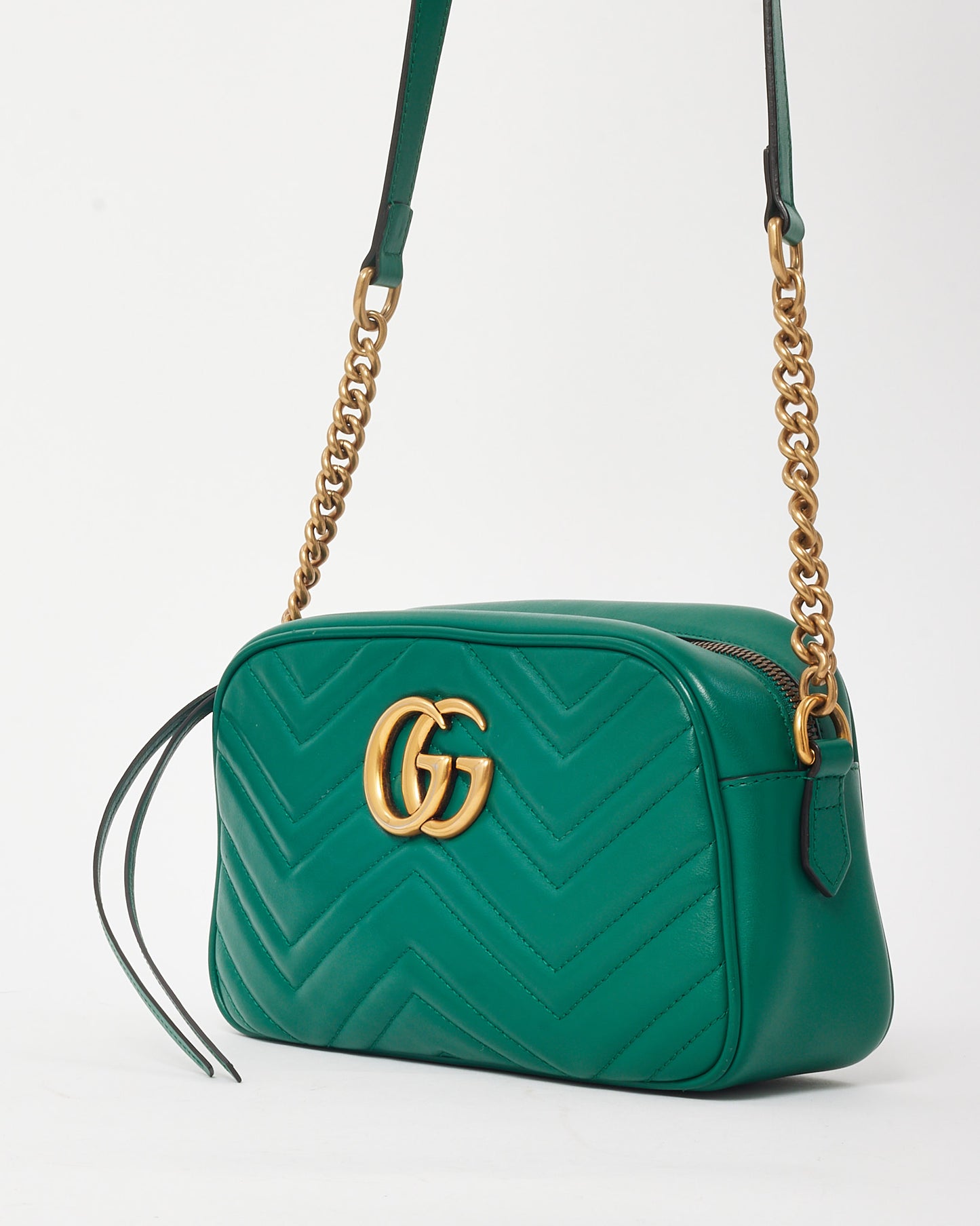 Gucci Green Matelassé Chevron Leather GG Marmont Small Camera Bag