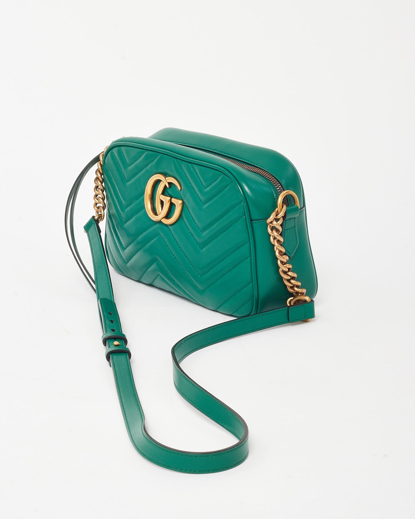 Gucci Green Matelassé Chevron Leather GG Marmont Small Camera Bag