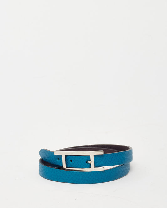 Hermès Blue Leather SHW Behapi Double Tour Bracelet - M