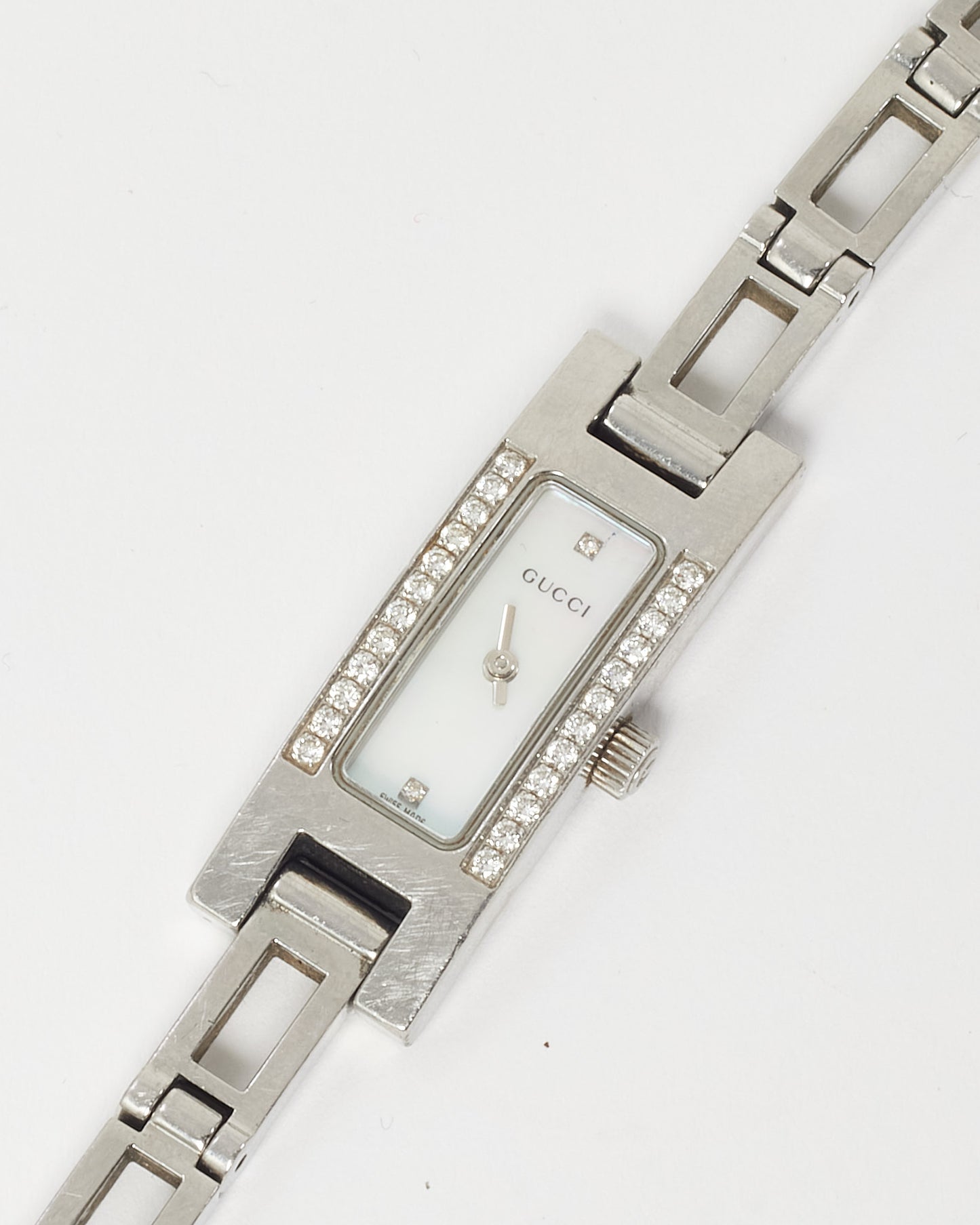 Gucci Silver Stainless Steel and Diamond Rectangular 3900L Watch