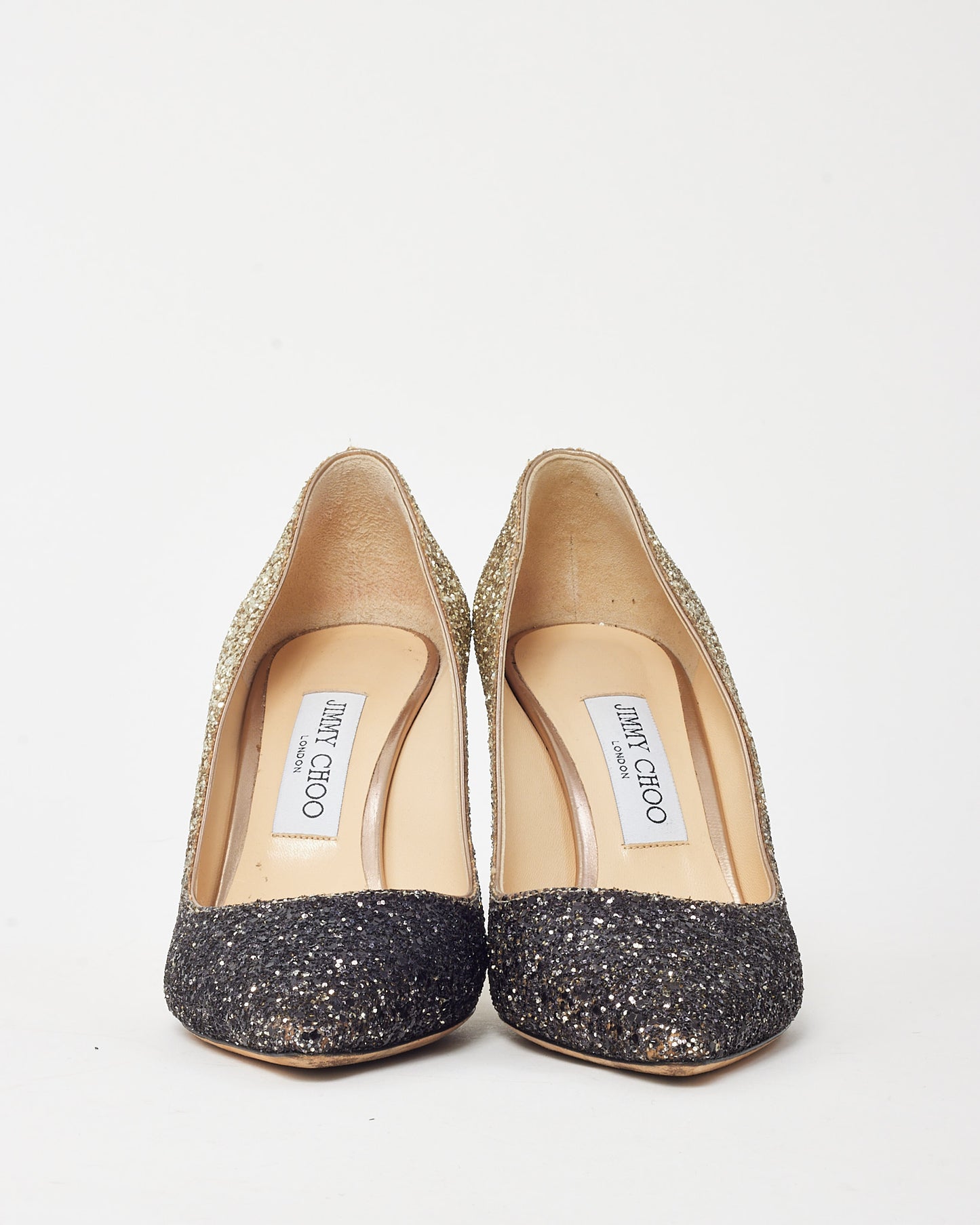 Jimmy Choo Black and Gold Glitter Ombre Fabric Romy 85 Pumps - 38.5