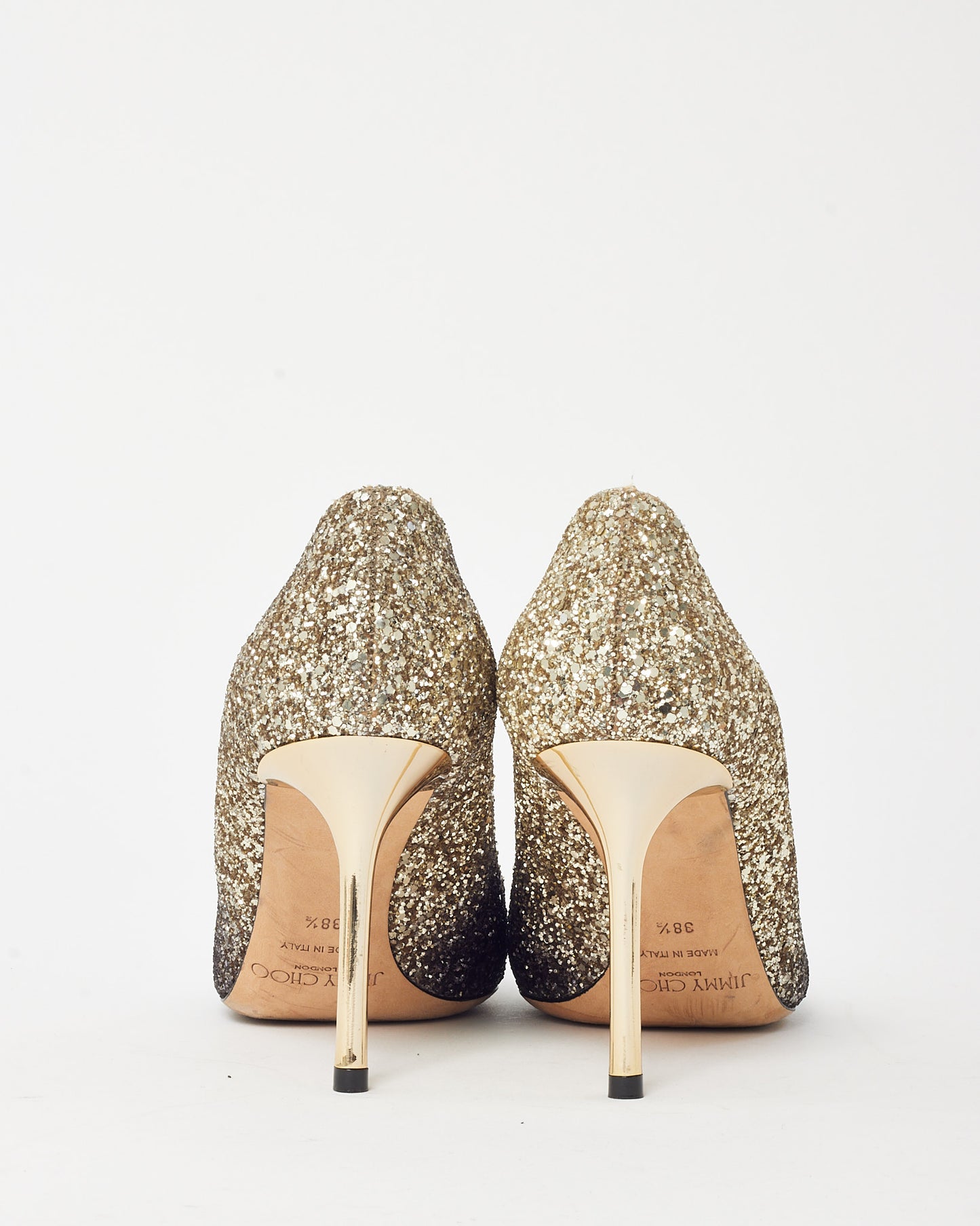 Jimmy Choo Black and Gold Glitter Ombre Fabric Romy 85 Pumps - 38.5