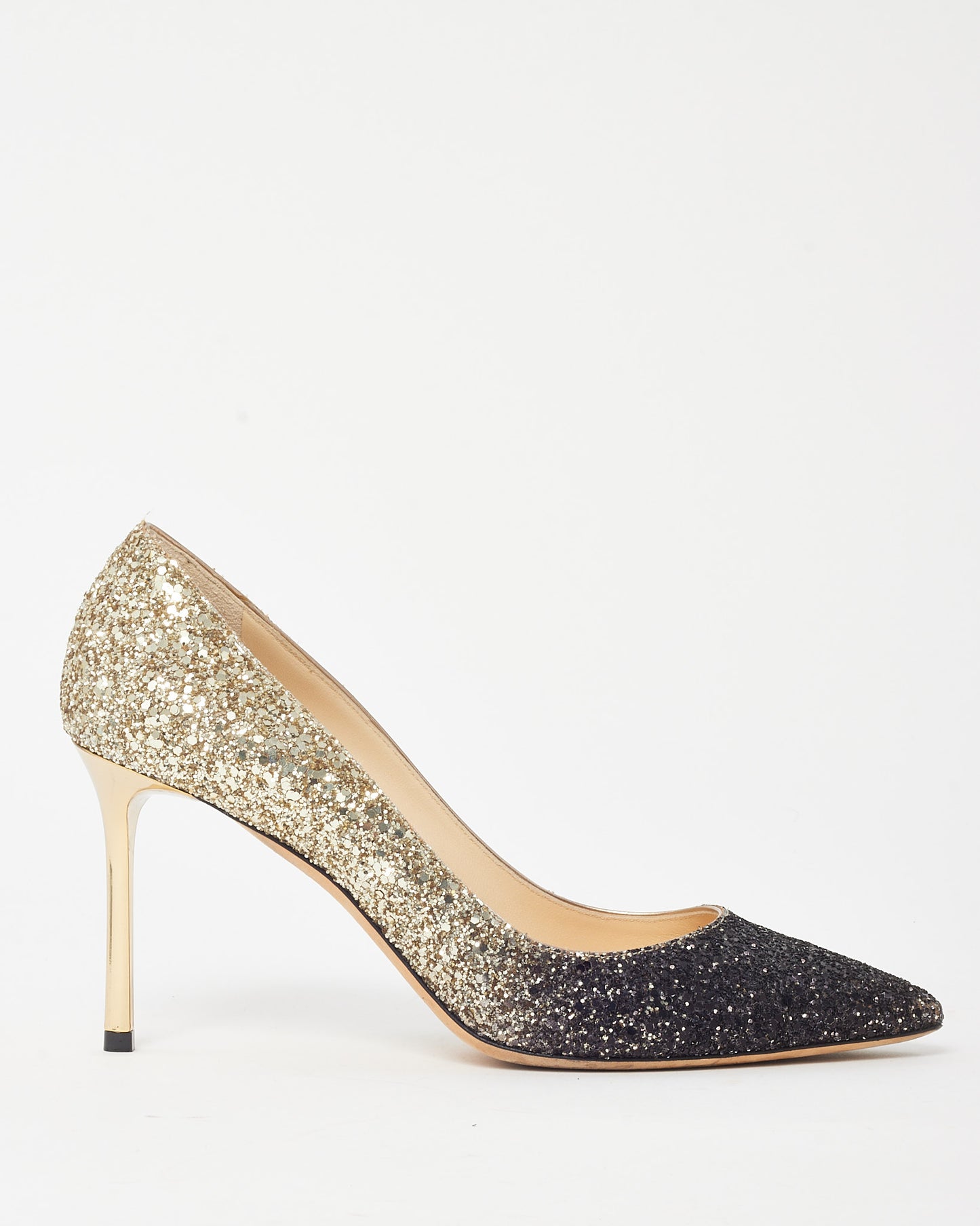 Jimmy Choo Black and Gold Glitter Ombre Fabric Romy 85 Pumps - 38.5