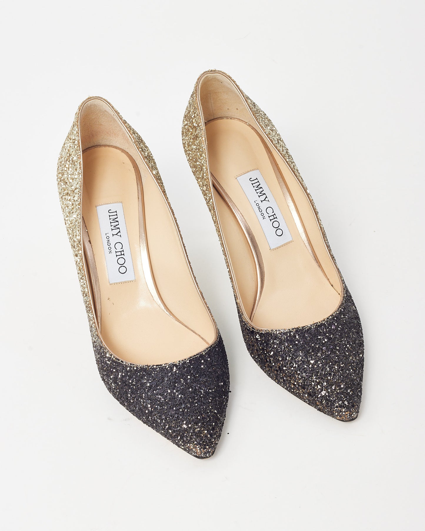Jimmy Choo Black and Gold Glitter Ombre Fabric Romy 85 Pumps - 38.5