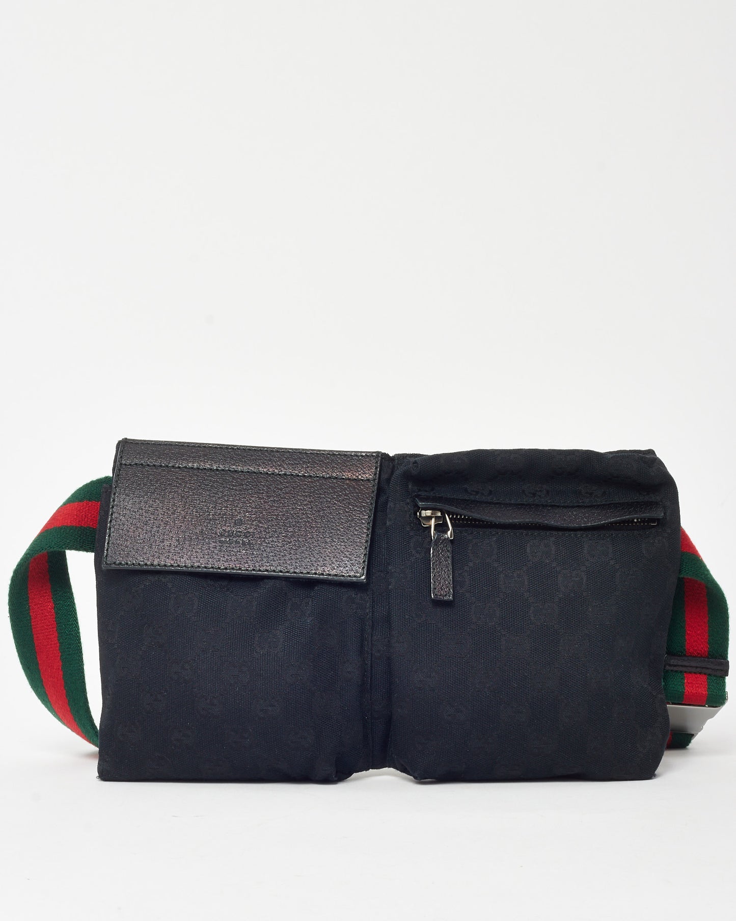 Gucci Black Monogram GG Canvas Double Pocket Belt Bag