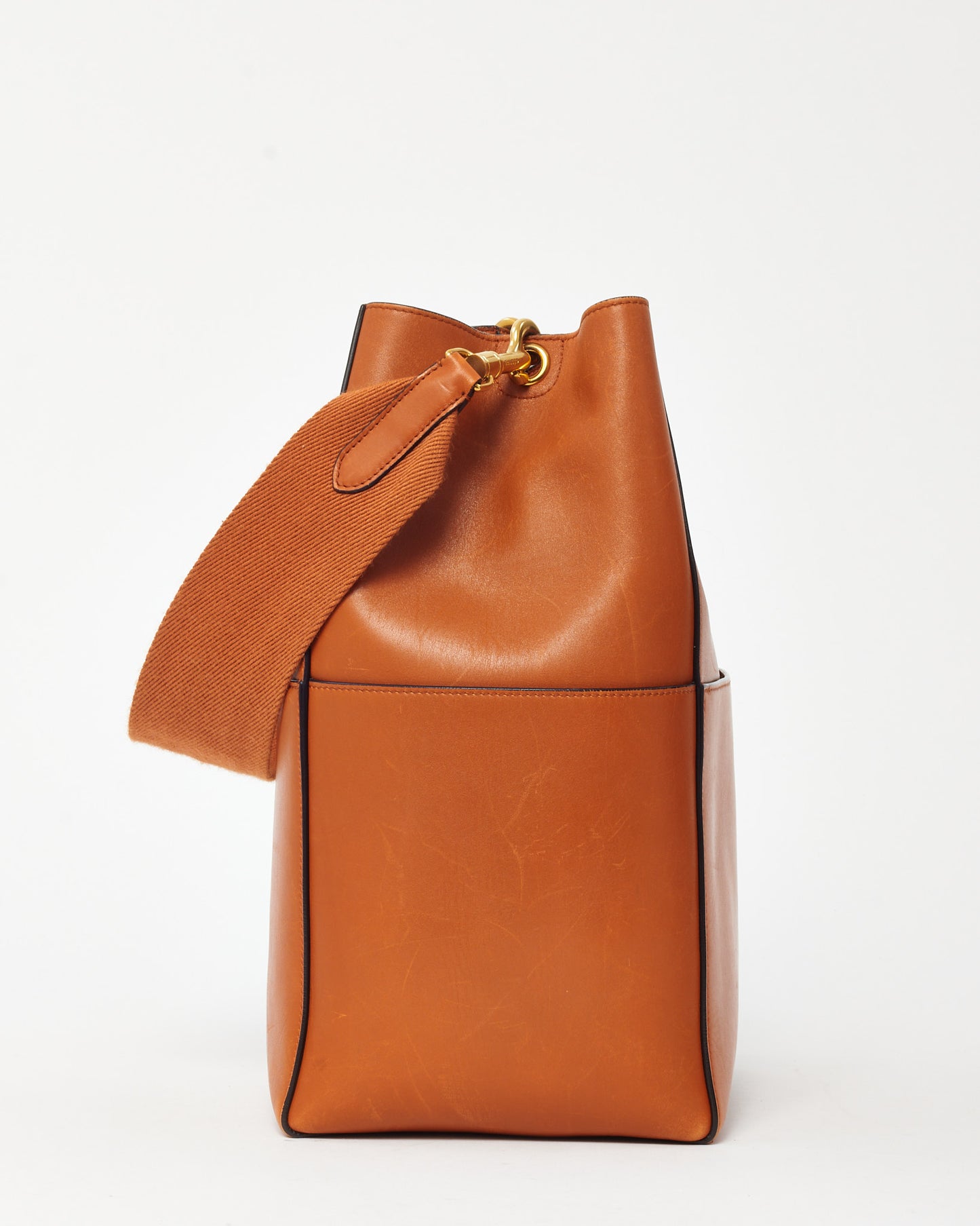 Celine Orange Tan Calfskin Leather Sangle Seau Bucket Bag