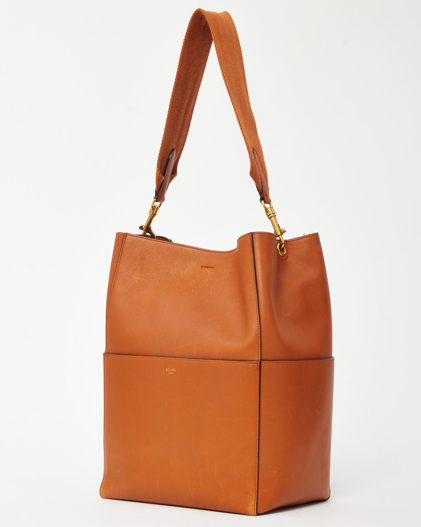 Celine Orange Tan Calfskin Leather Sangle Seau Bucket Bag