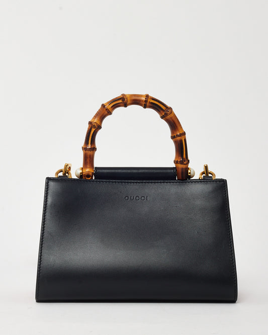 Gucci Black and Red Leather Mini Nymphaea Bamboo Top Handle Bag with Web Strap