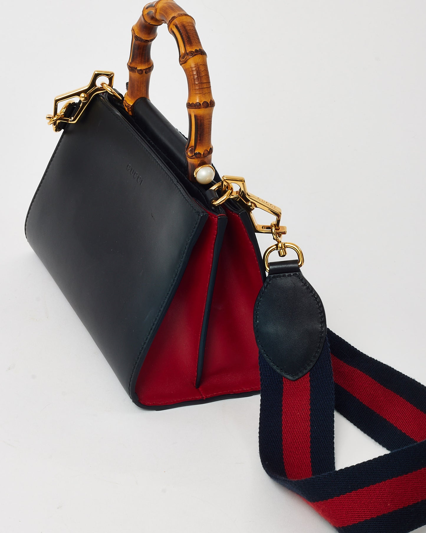Gucci Black and Red Leather Mini Nymphaea Bamboo Top Handle Bag with Web Strap