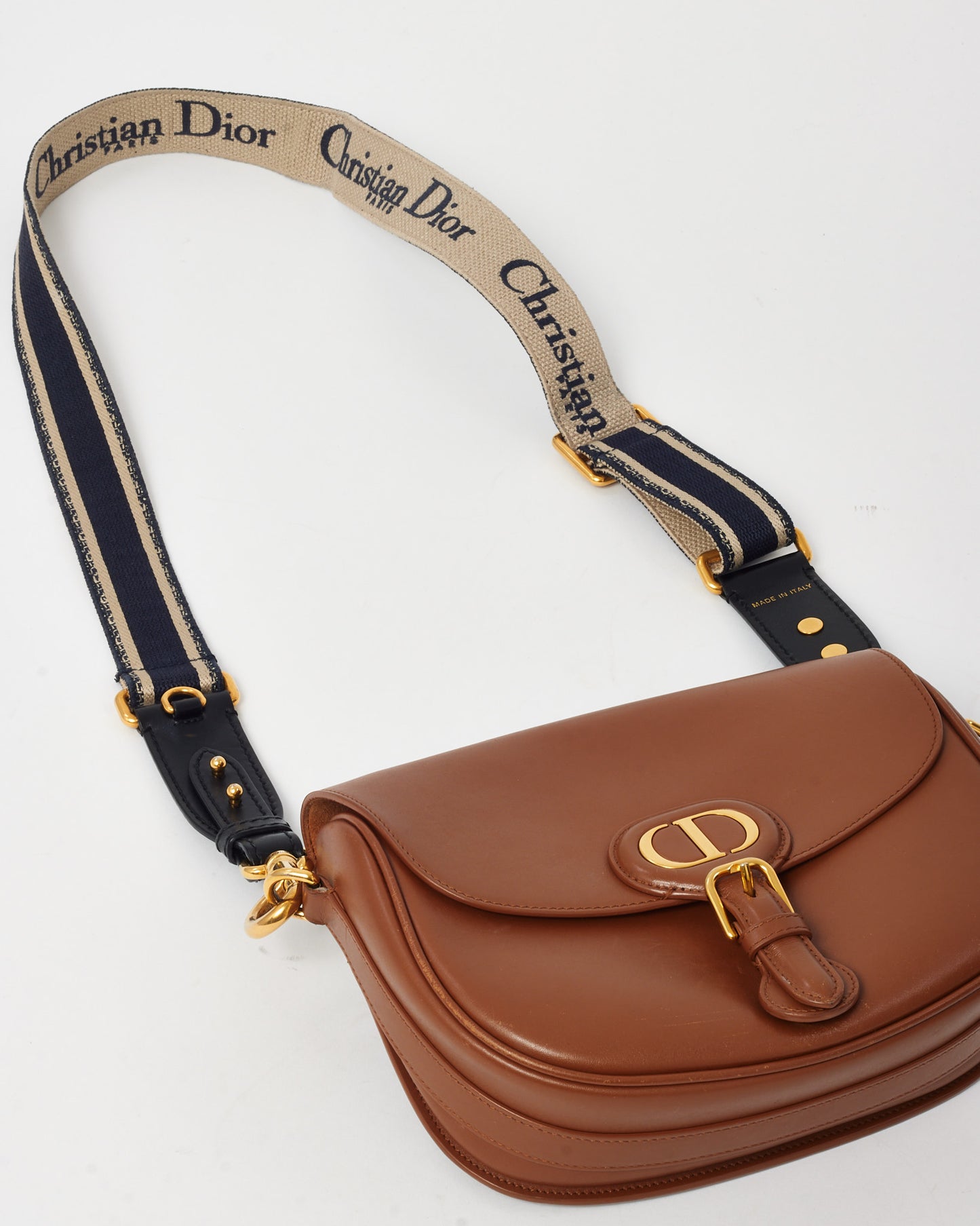 Dior Tan Smooth Leather Medium Bobby Bag with Canvas Embroidery Logo Strap