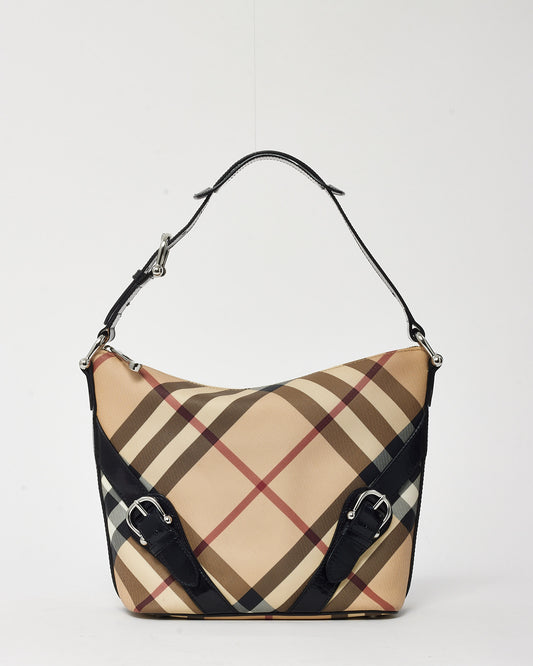 Burberry Black Patent Trim and Beige Nova Check Coated Canvas Buckle Shoulder Bag