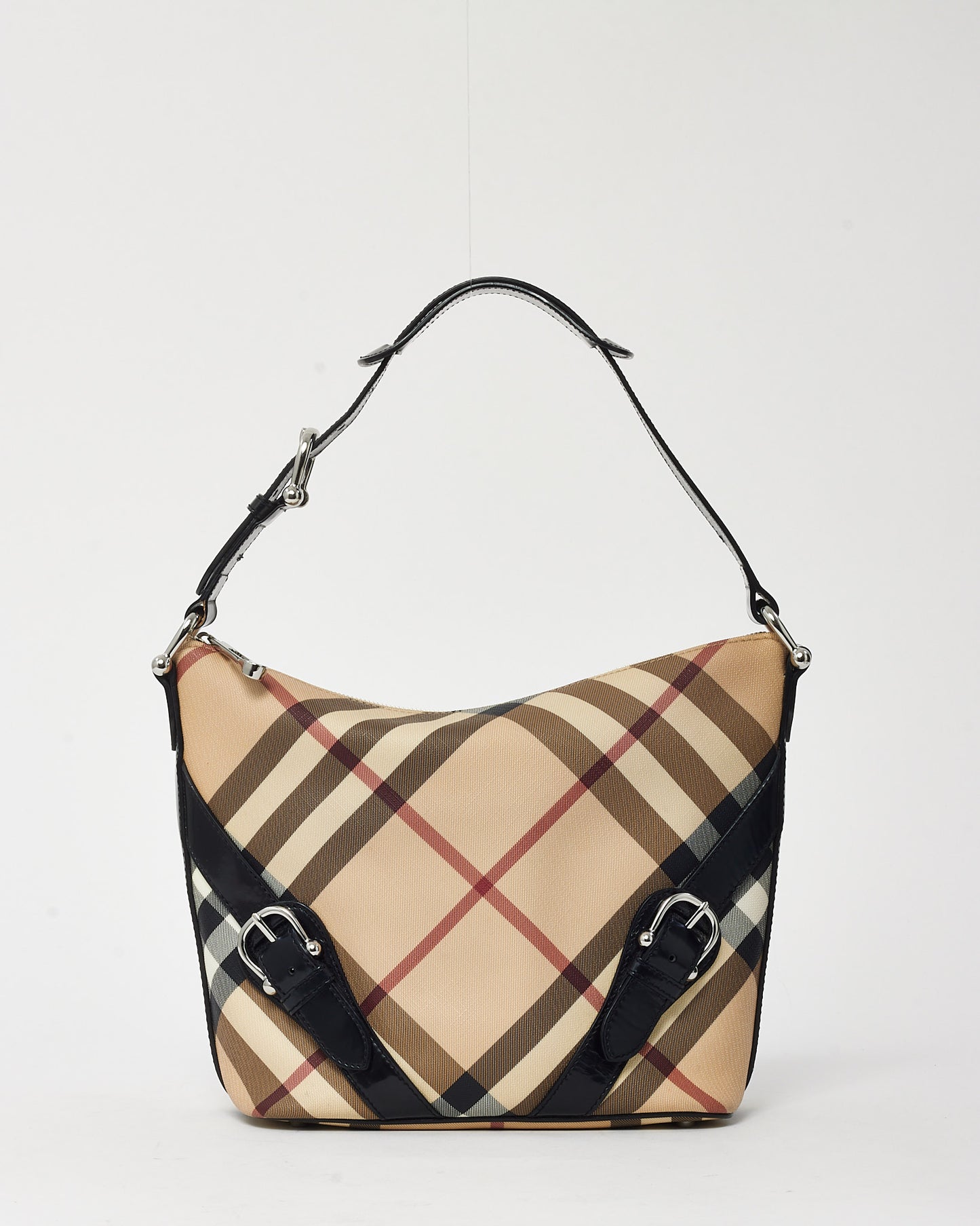 Burberry Black Patent Trim and Beige Nova Check Coated Canvas Buckle Shoulder Bag