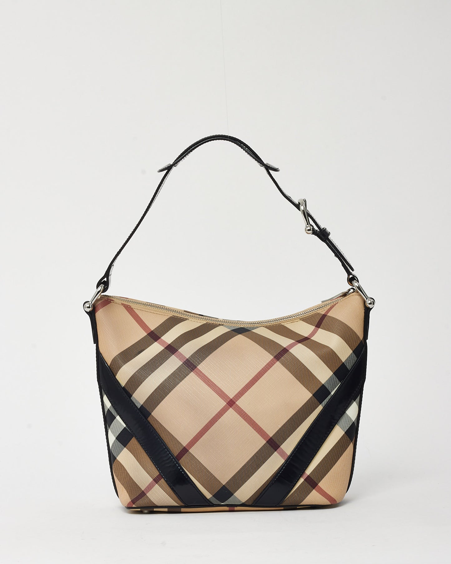 Burberry Black Patent Trim and Beige Nova Check Coated Canvas Buckle Shoulder Bag