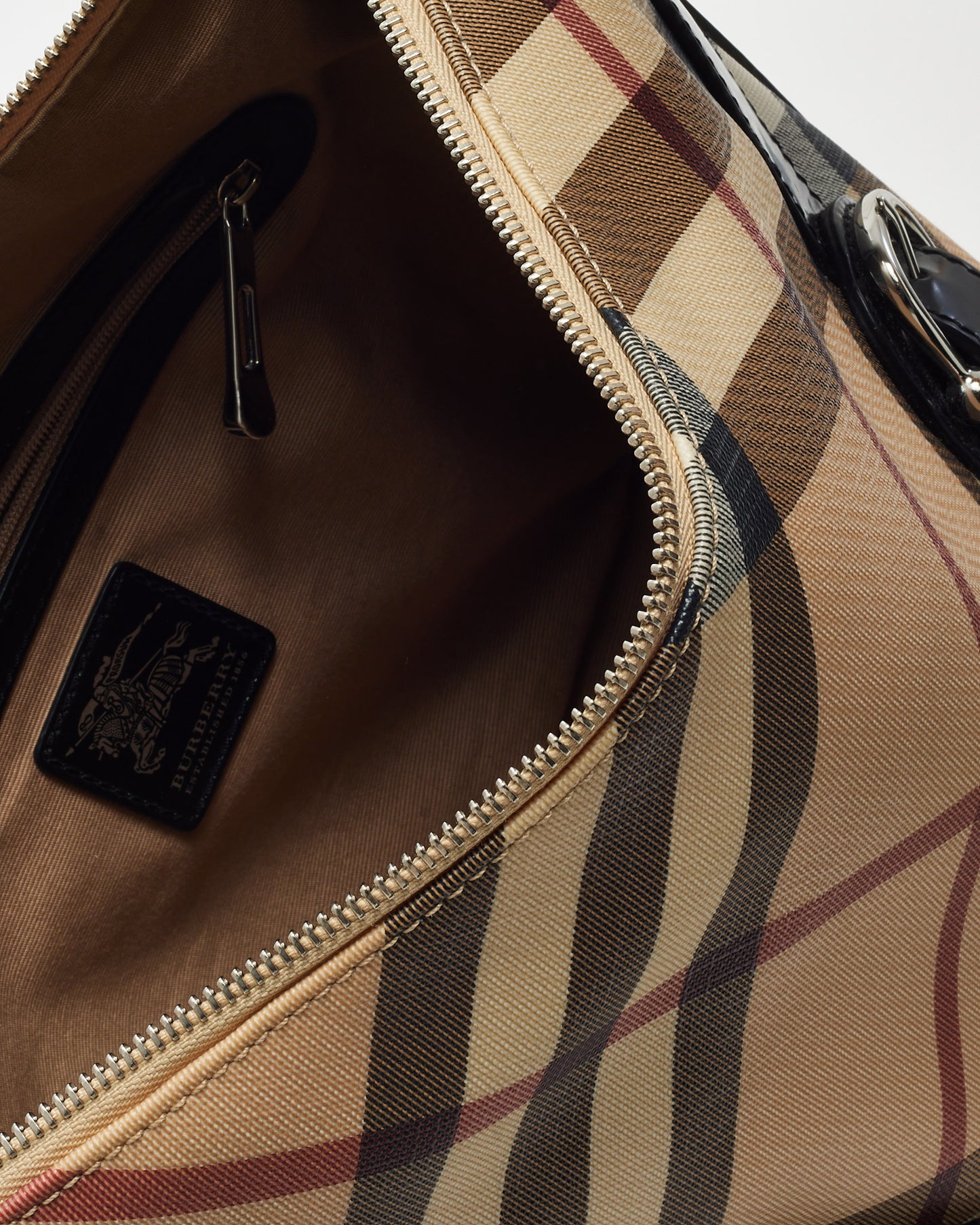 Burberry Black Patent Trim and Beige Nova Check Coated Canvas Buckle Shoulder Bag