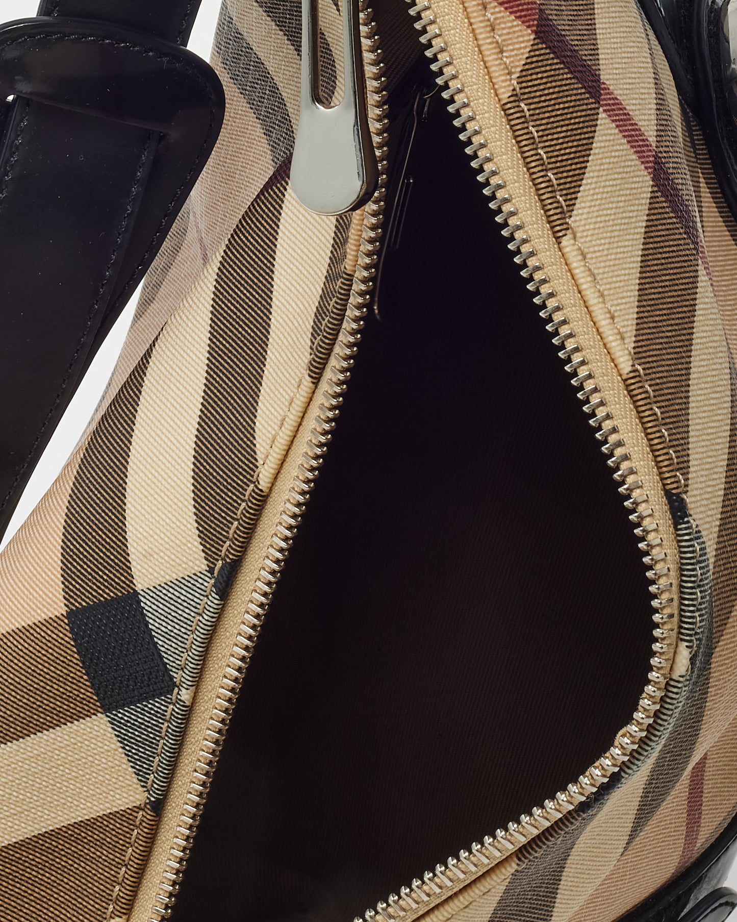 Burberry Black Patent Trim and Beige Nova Check Coated Canvas Buckle Shoulder Bag