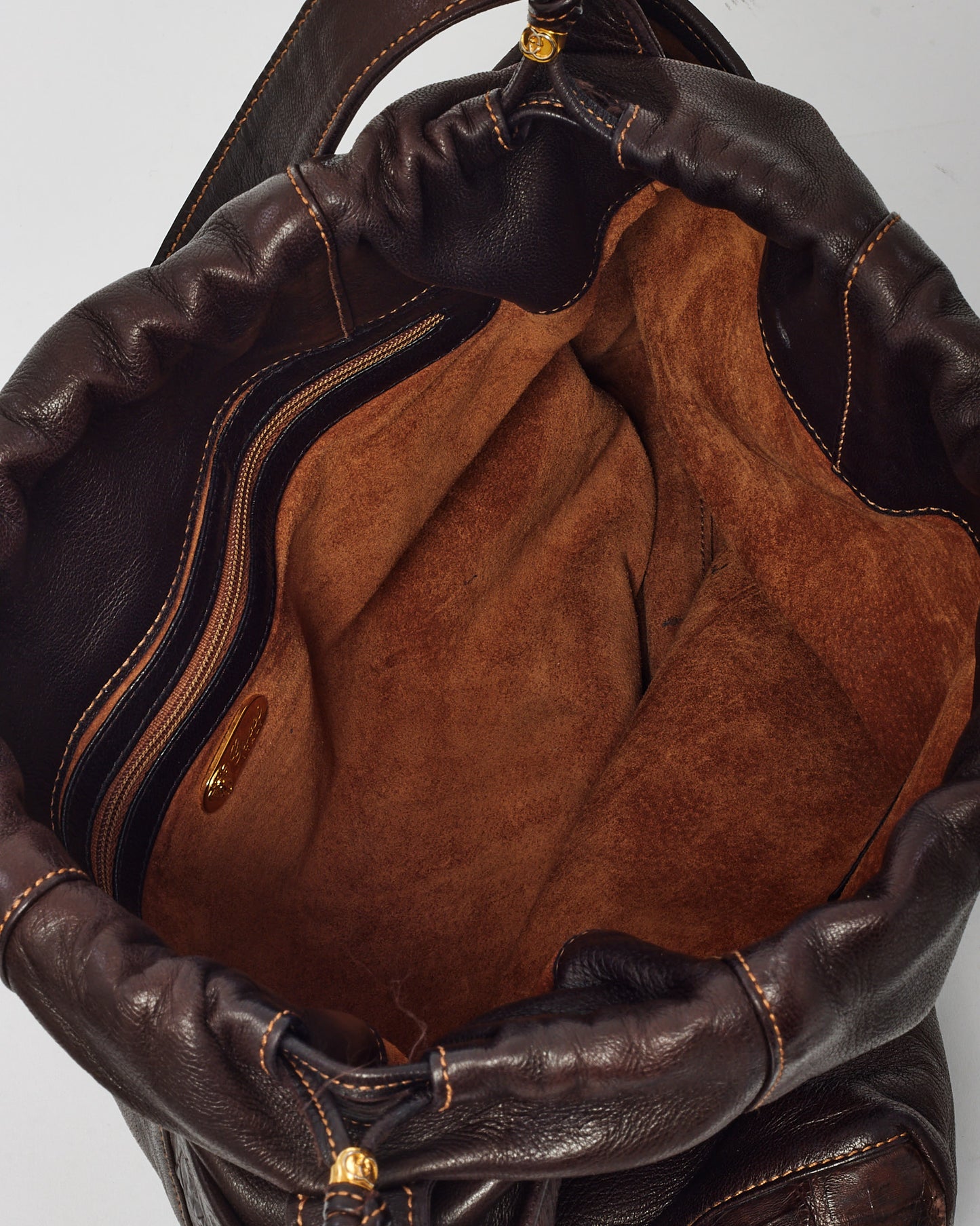 Gucci Vintage Brown Leather Large Drawstring Bucket Crossbody Bag