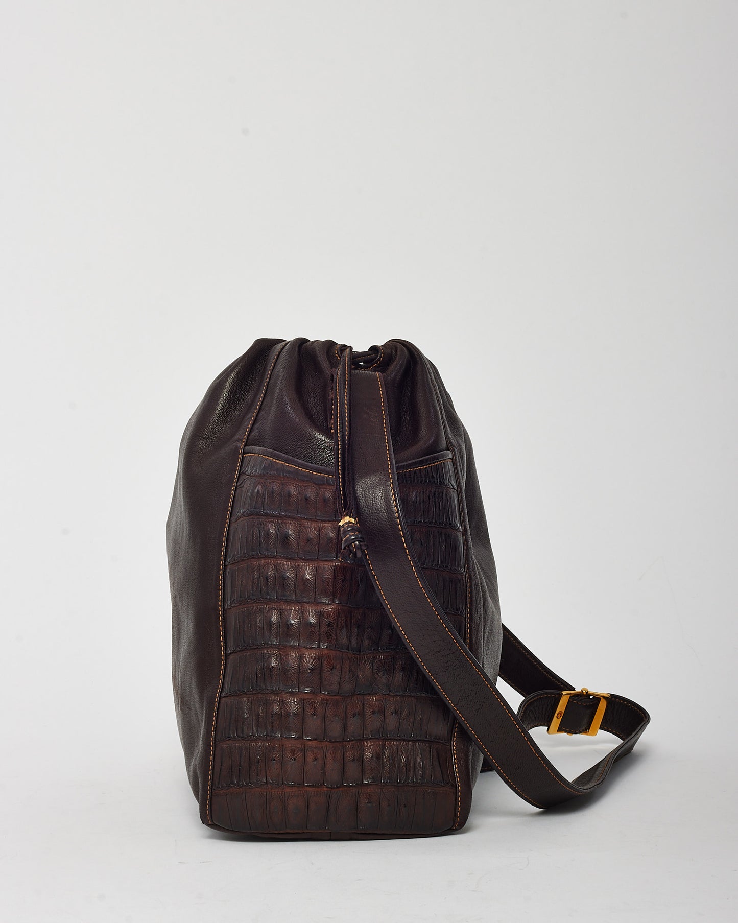 Gucci Vintage Brown Leather Large Drawstring Bucket Crossbody Bag