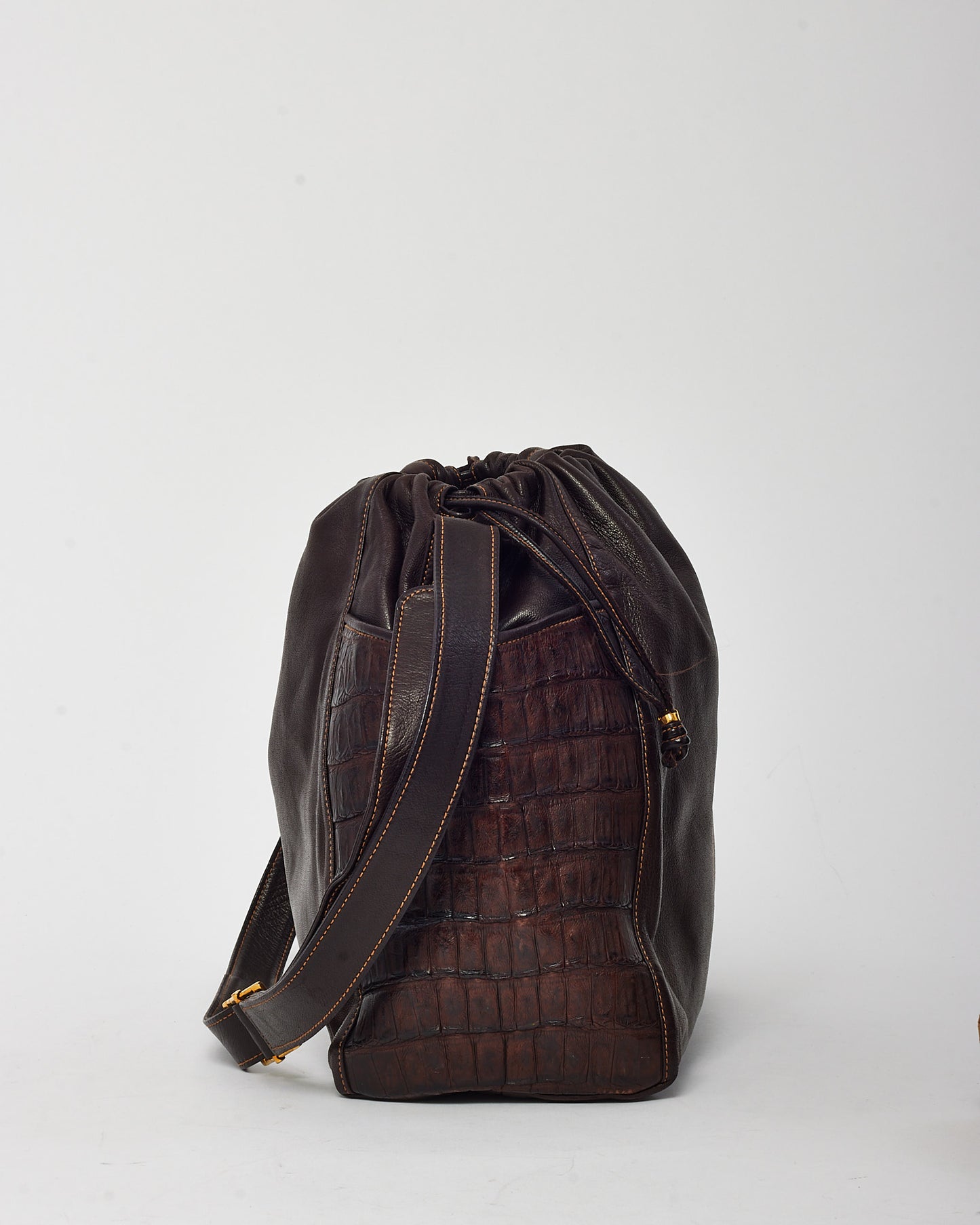 Gucci Vintage Brown Leather Large Drawstring Bucket Crossbody Bag