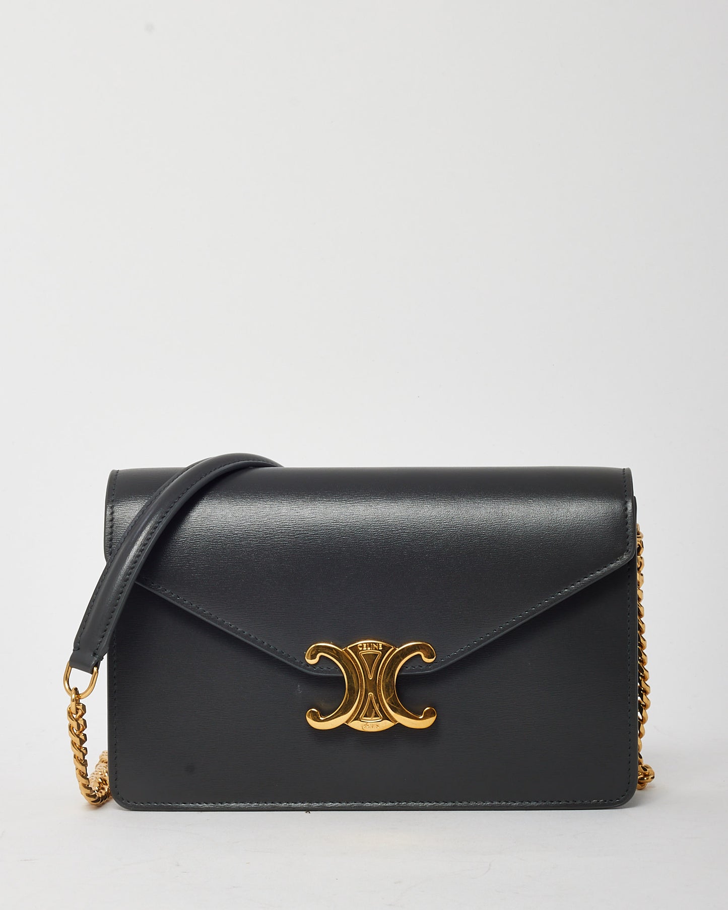 Celine Grey Shiny Calfskin Leather Margo WOC Wallet on Chain Crossbody Bag