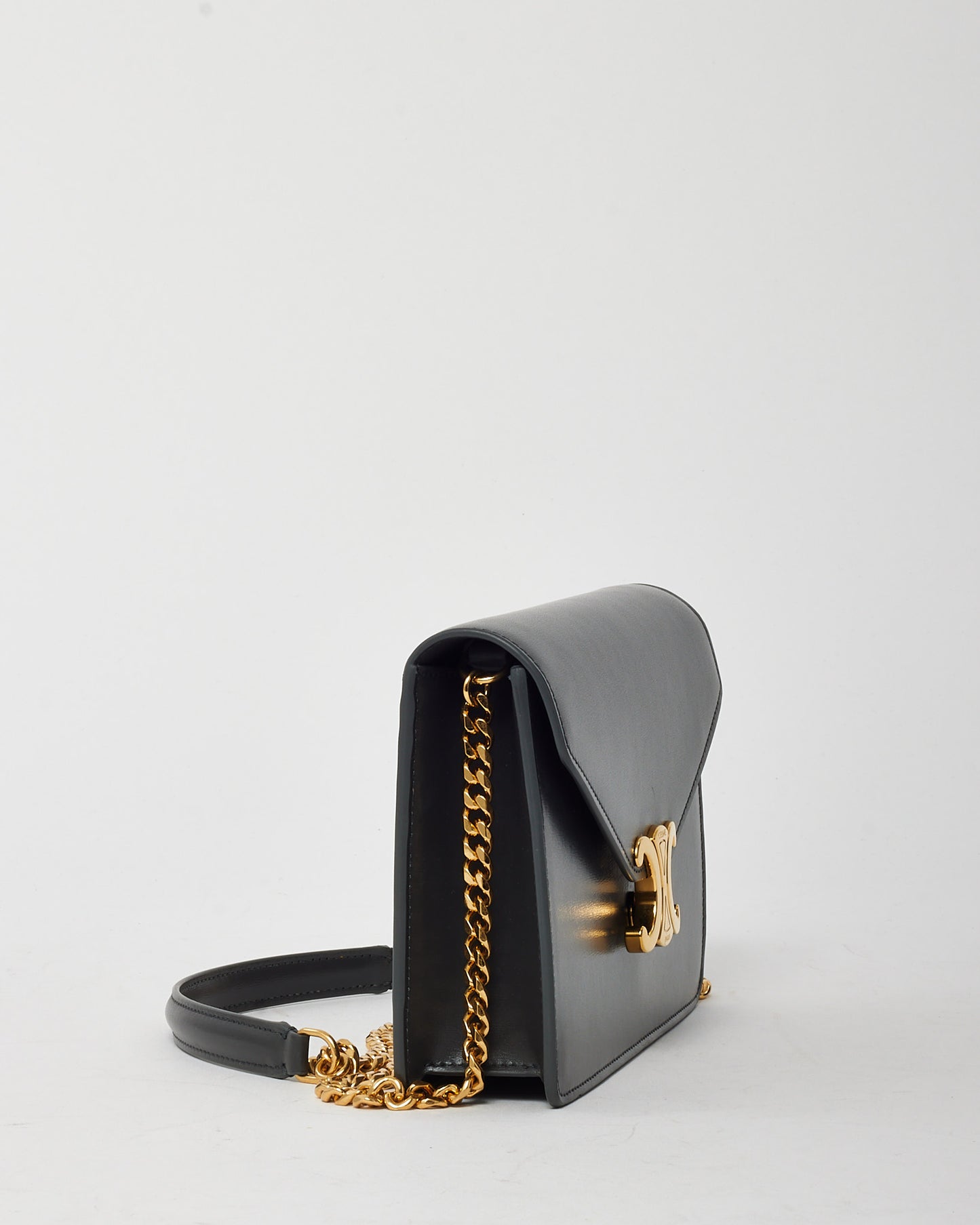 Celine Grey Shiny Calfskin Leather Margo WOC Wallet on Chain Crossbody Bag