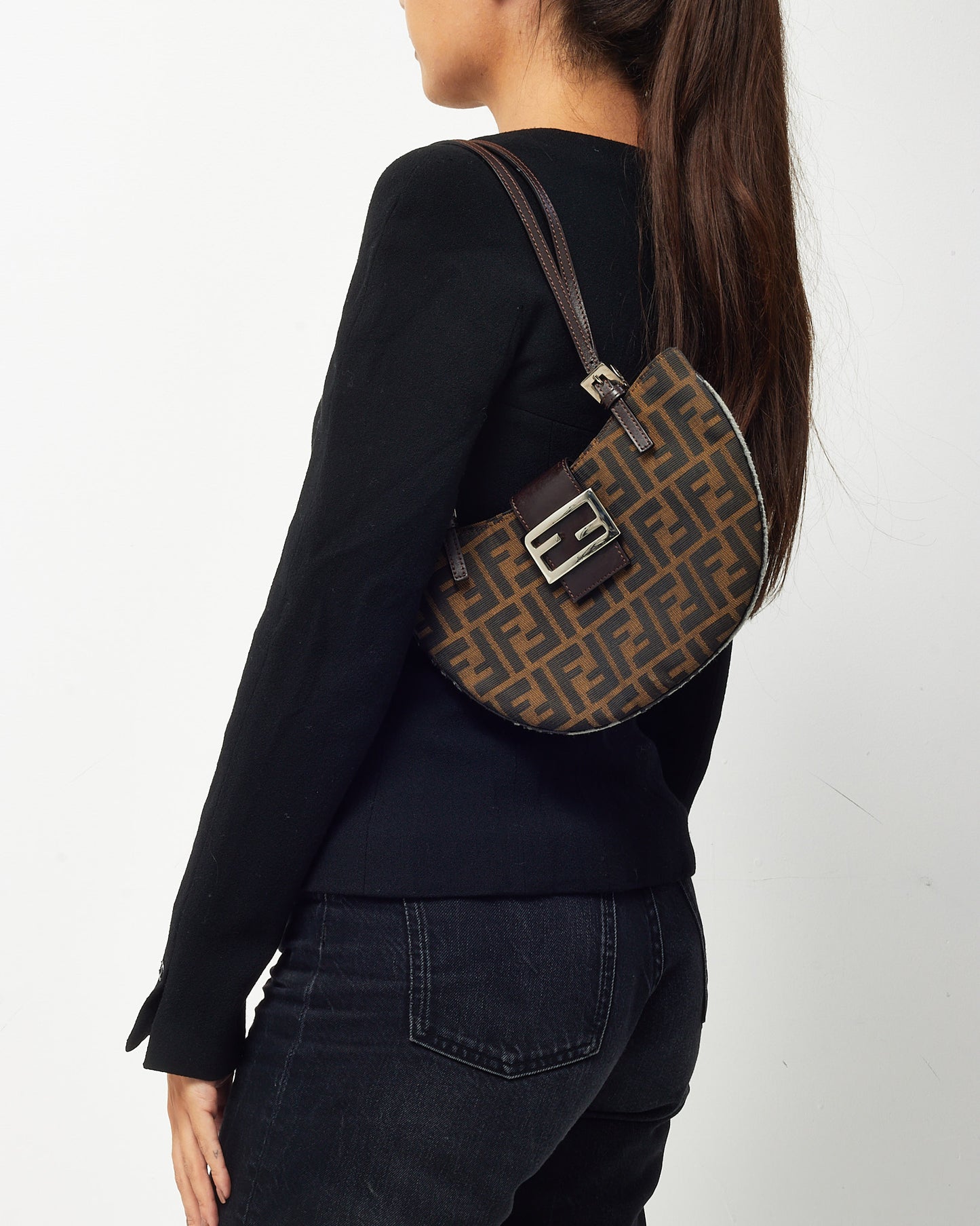 Fendi Vintage Brown Tobacco FF Zucca Print Canvas Half Moon Shoulder Bag