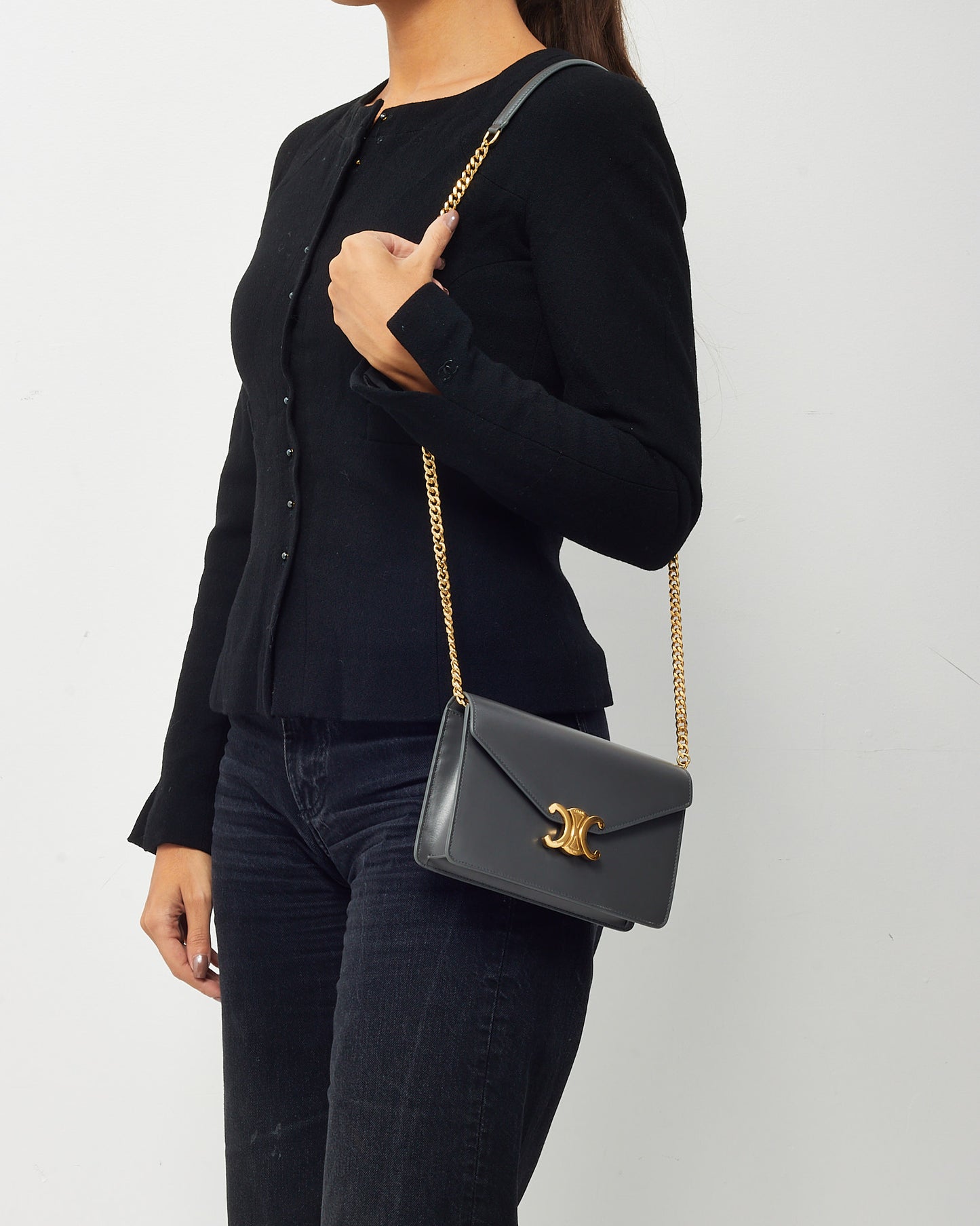 Celine Grey Shiny Calfskin Leather Margo WOC Wallet on Chain Crossbody Bag