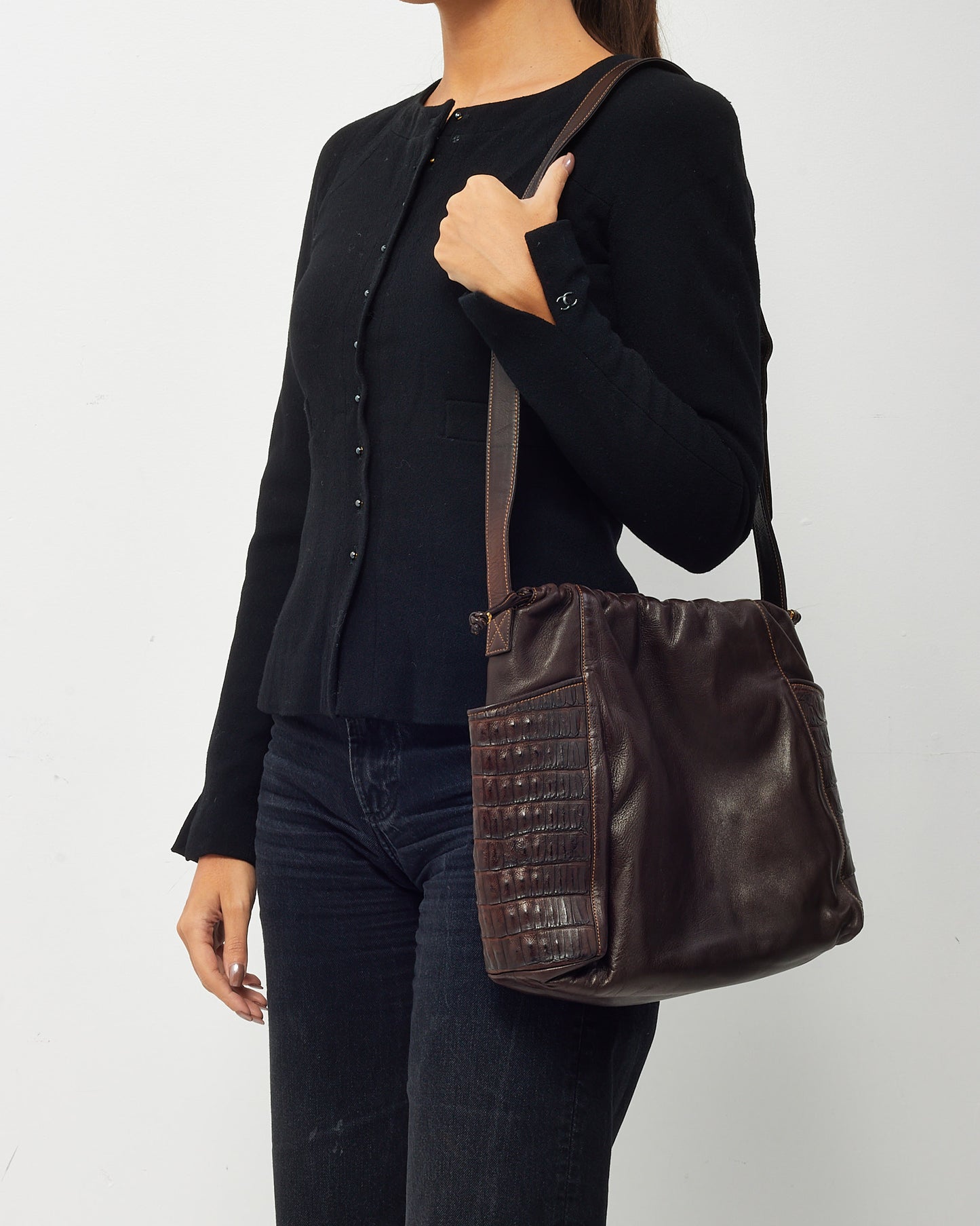 Gucci Vintage Brown Leather Large Drawstring Bucket Crossbody Bag