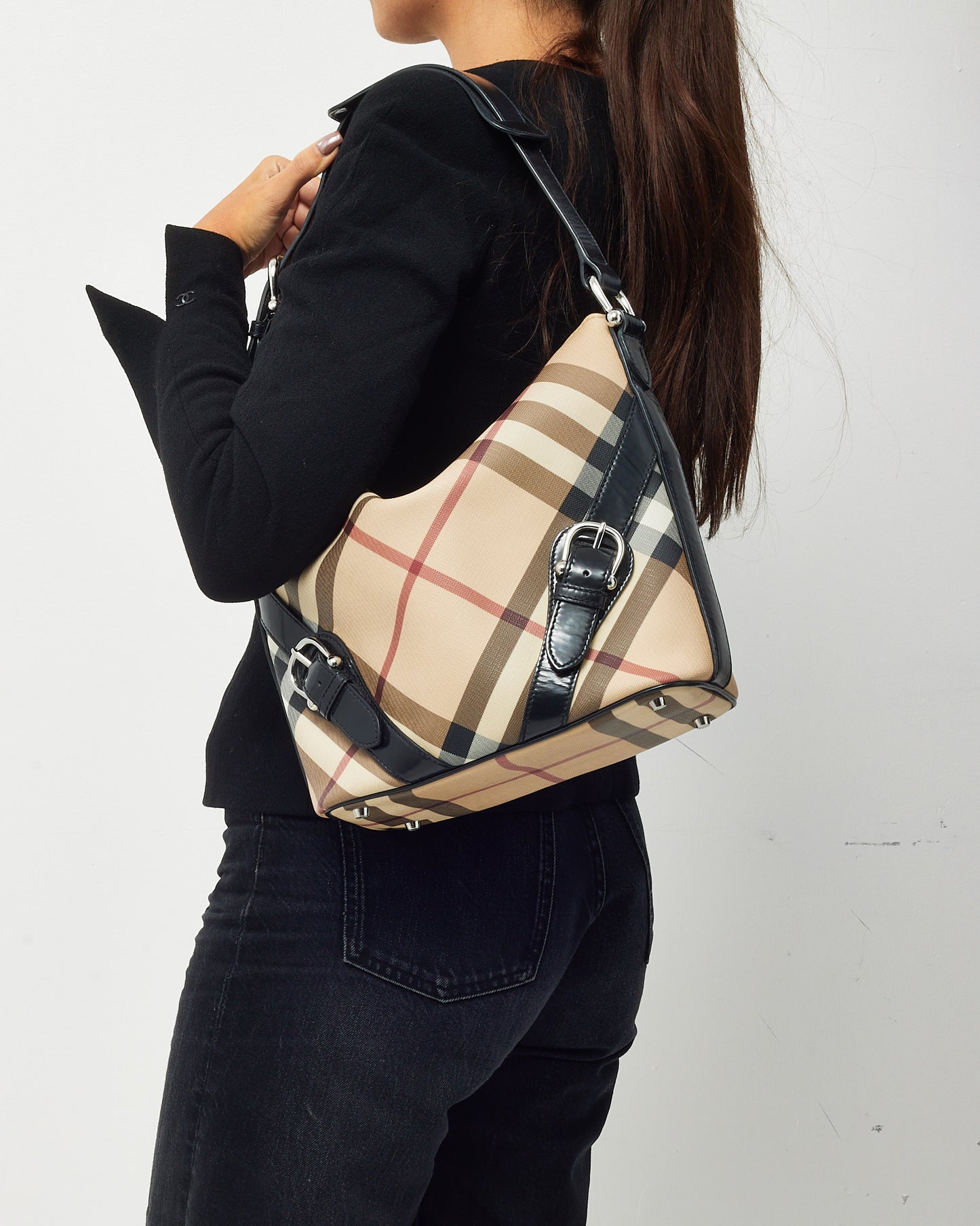 Burberry Black Patent Trim and Beige Nova Check Coated Canvas Buckle Shoulder Bag