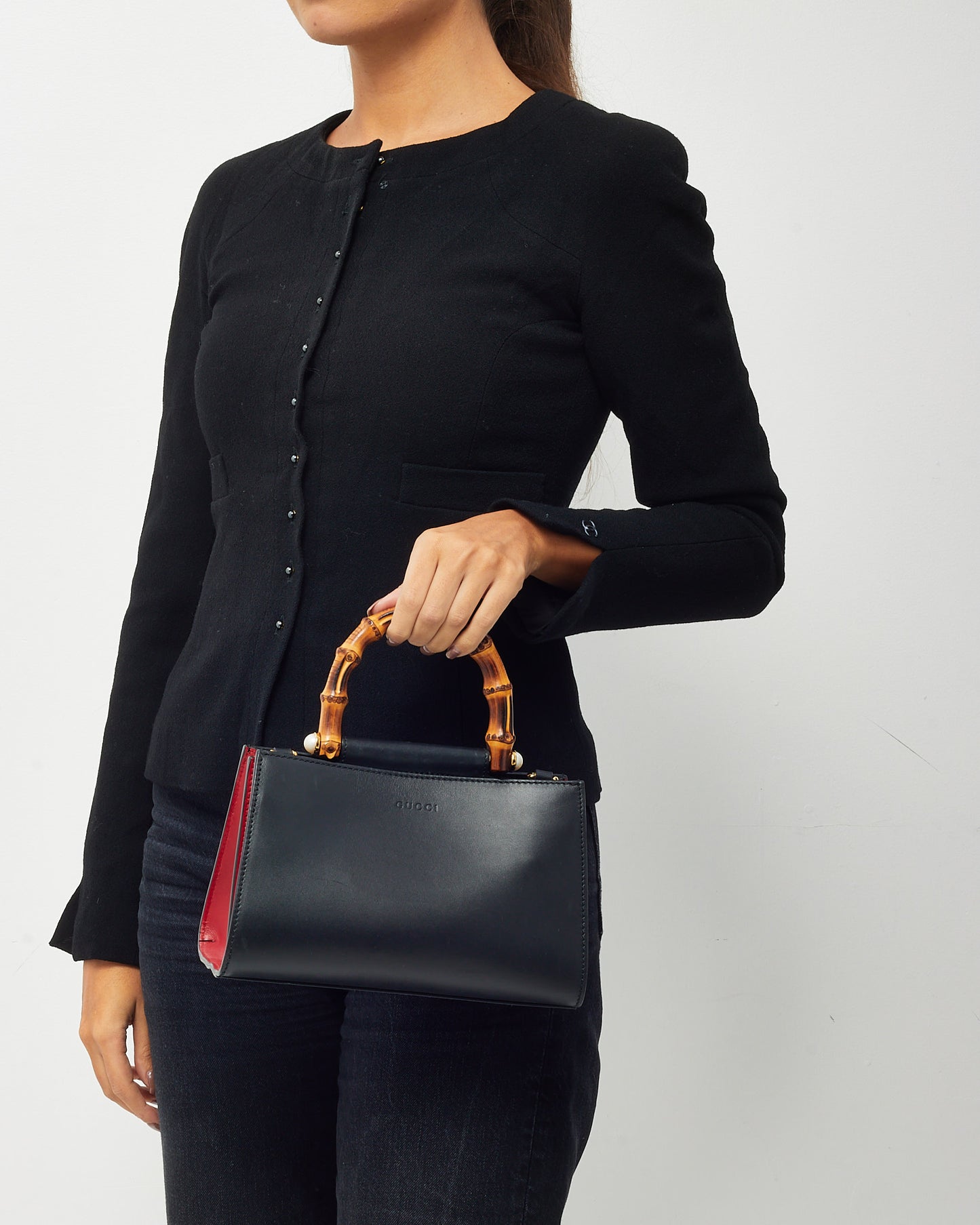 Gucci Black and Red Leather Mini Nymphaea Bamboo Top Handle Bag with Web Strap