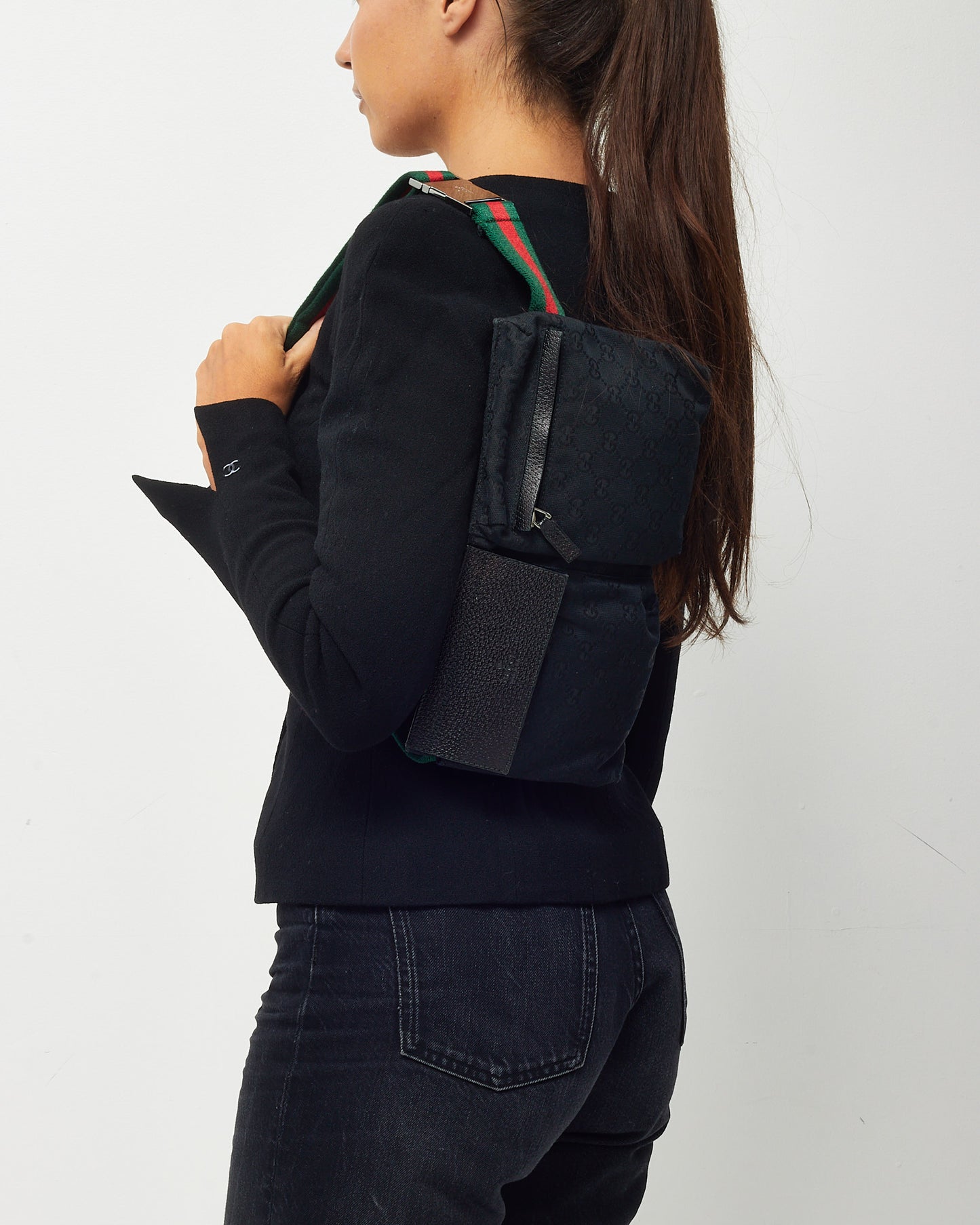 Gucci Black Monogram GG Canvas Double Pocket Belt Bag