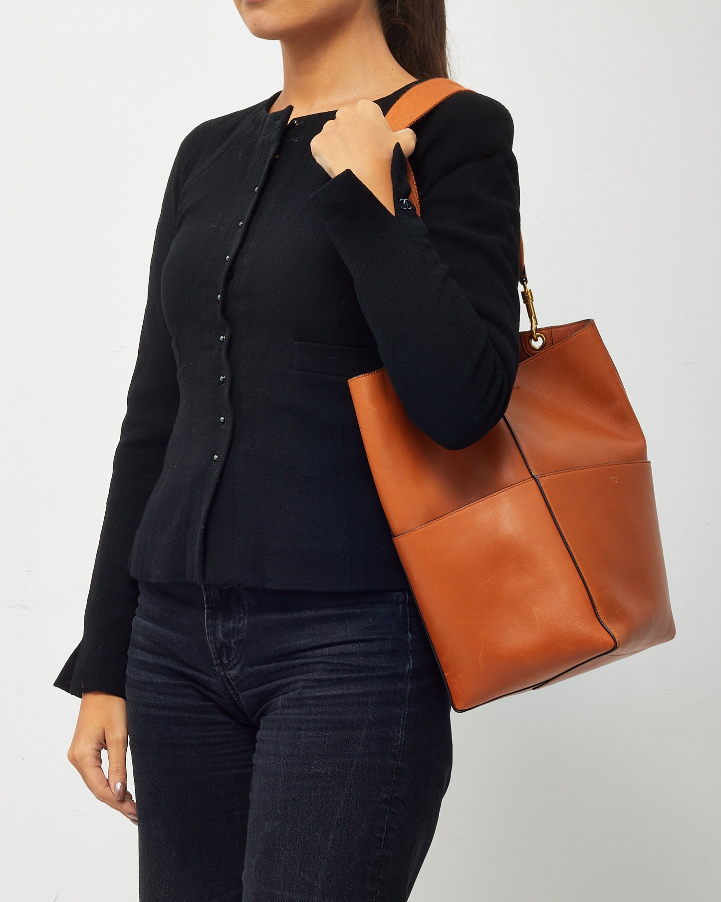 Celine Orange Tan Calfskin Leather Sangle Seau Bucket Bag