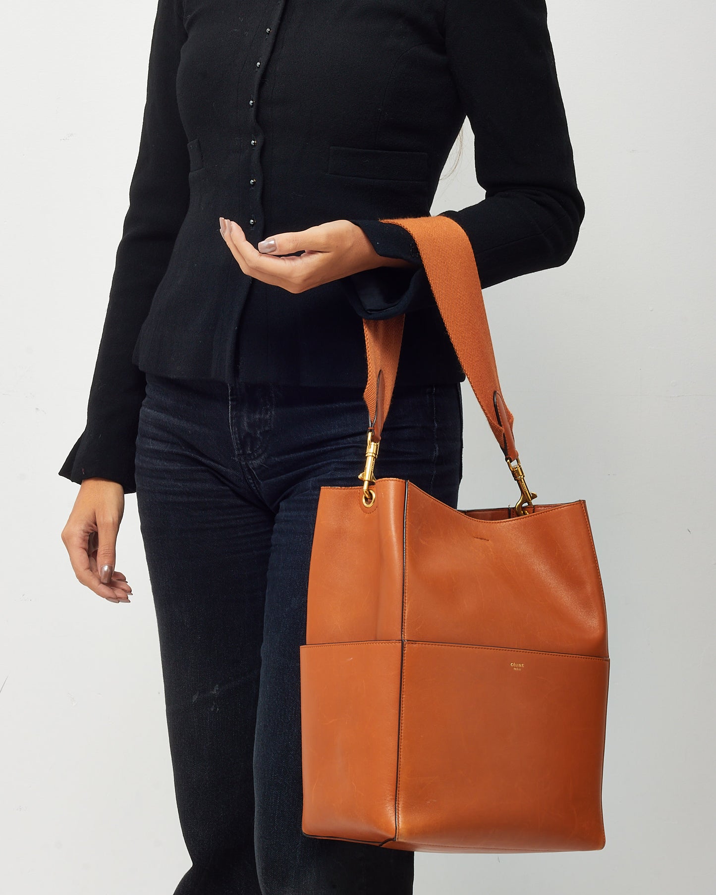 Celine Orange Tan Calfskin Leather Sangle Seau Bucket Bag