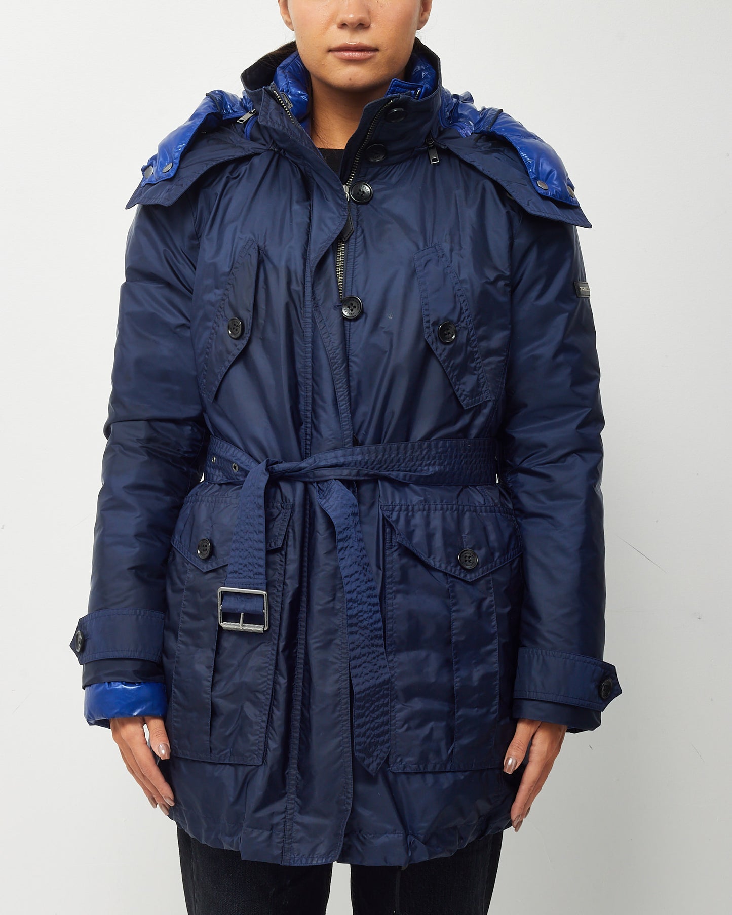Burberry Navy Nylon and Down Puffer Lined Hooded Midi Trench Coat - US 14
