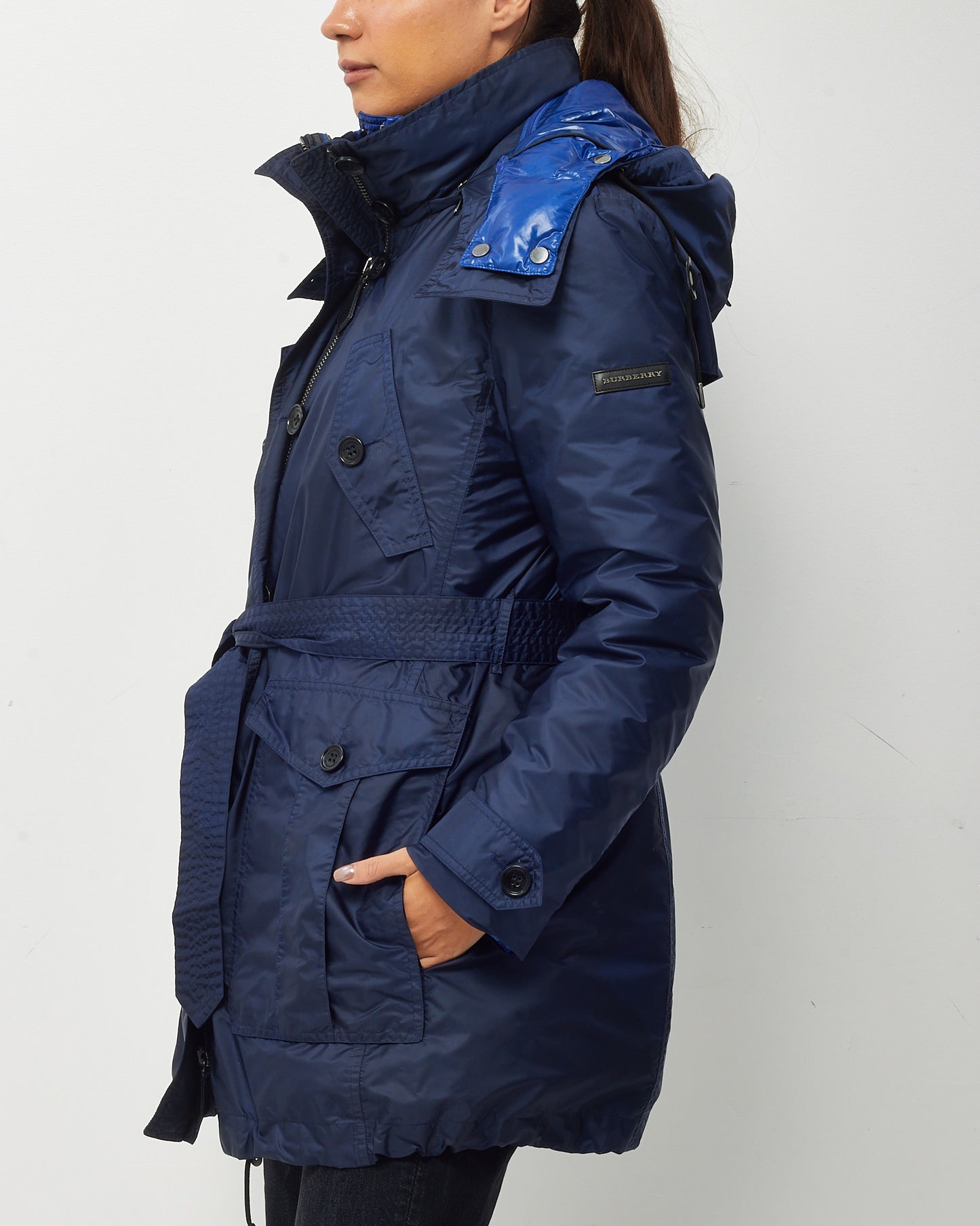 Burberry Navy Nylon and Down Puffer Lined Hooded Midi Trench Coat - US 14