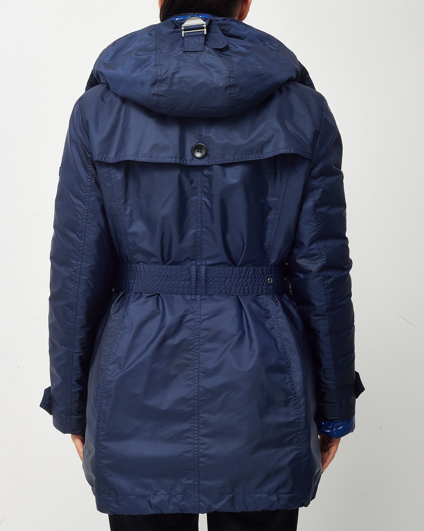 Burberry Navy Nylon and Down Puffer Lined Hooded Midi Trench Coat - US 14
