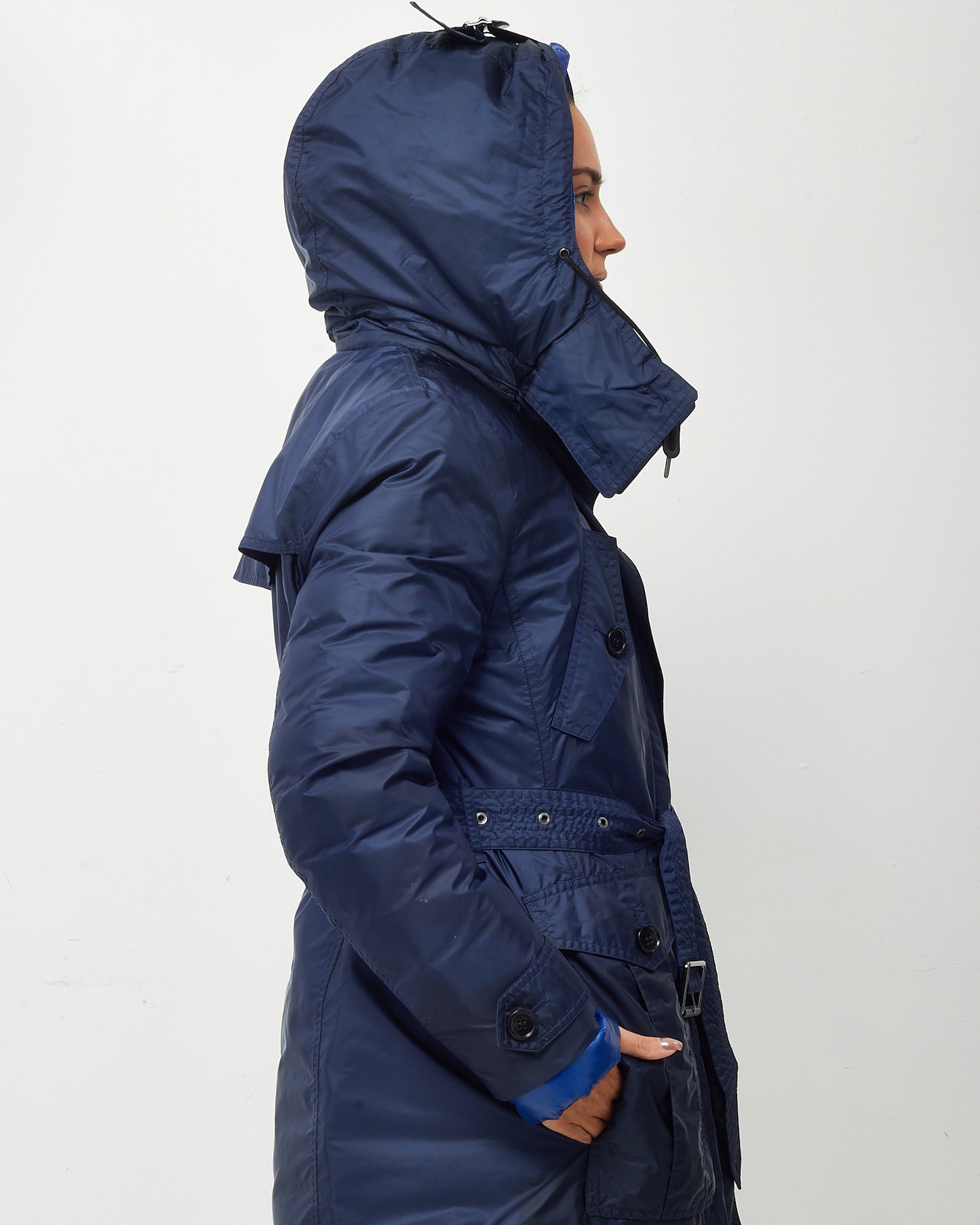 Burberry Navy Nylon and Down Puffer Lined Hooded Midi Trench Coat - US 14