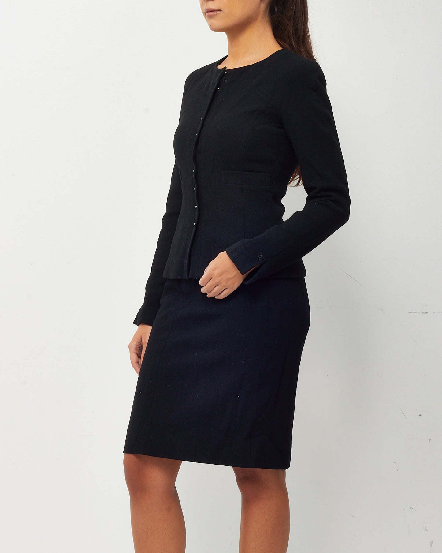 Chanel Black Wool Button Up Blazer and Skirt Set - 36 FR / US 4