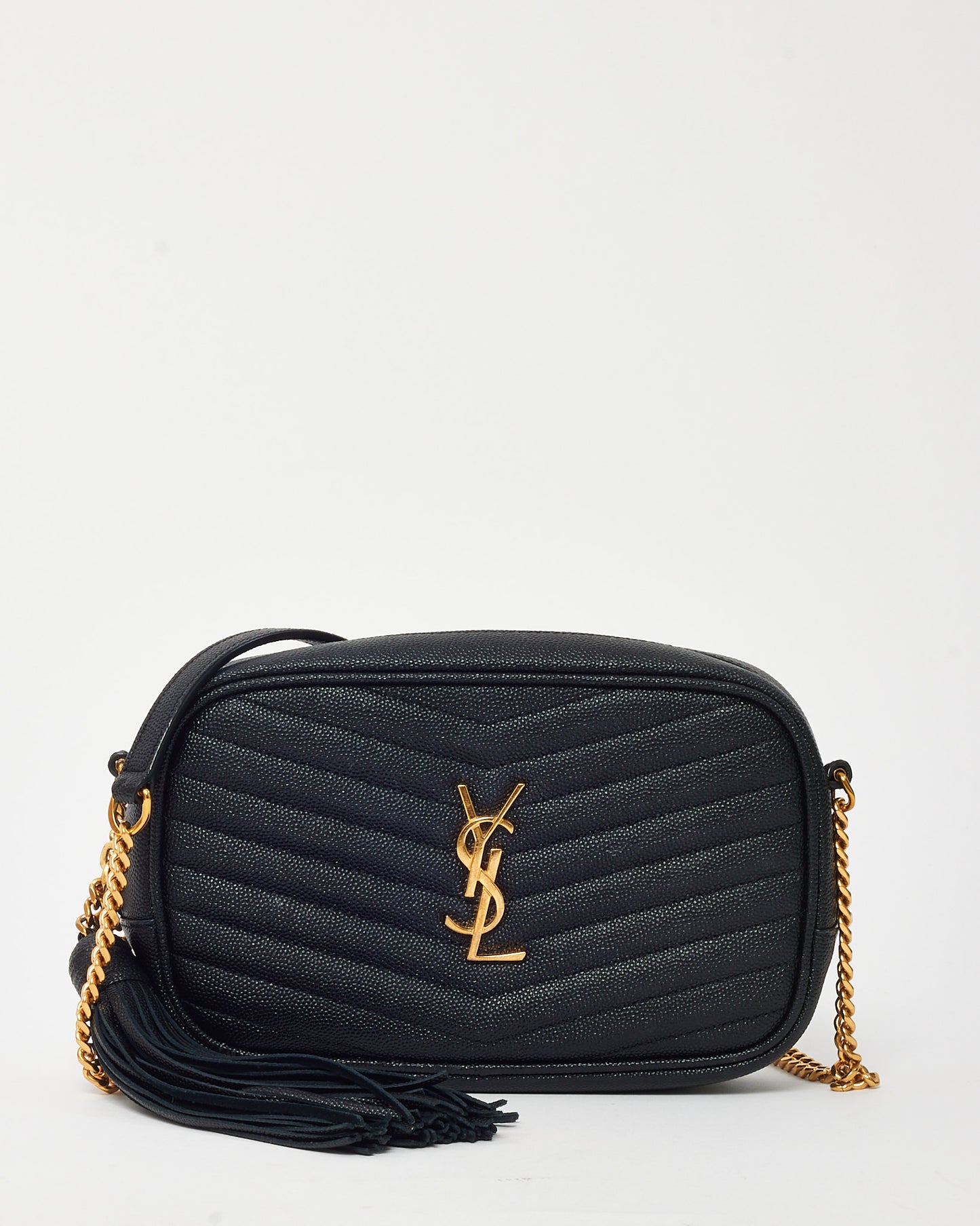 Saint Laurent Black Chevron Grain De Poudre YSL Mini Lou Chain Crossbody Bag GHW