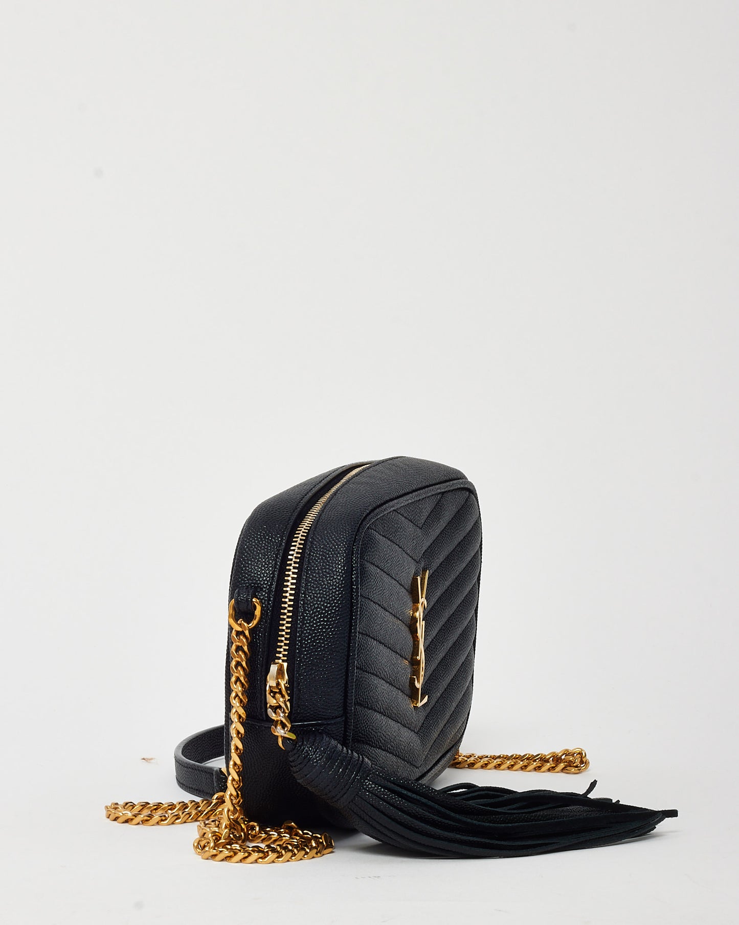 Saint Laurent Black Chevron Grain De Poudre YSL Mini Lou Chain Crossbody Bag GHW