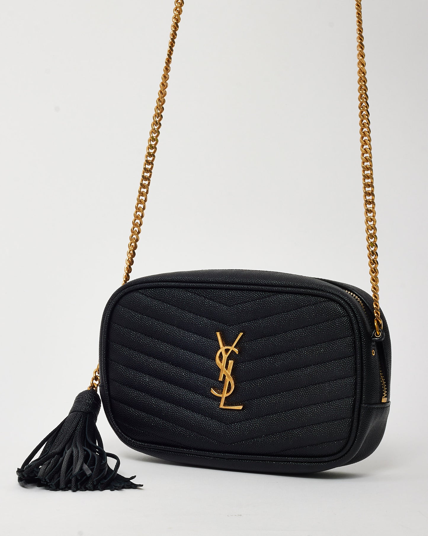 Saint Laurent Black Chevron Grain De Poudre YSL Mini Lou Chain Crossbody Bag GHW