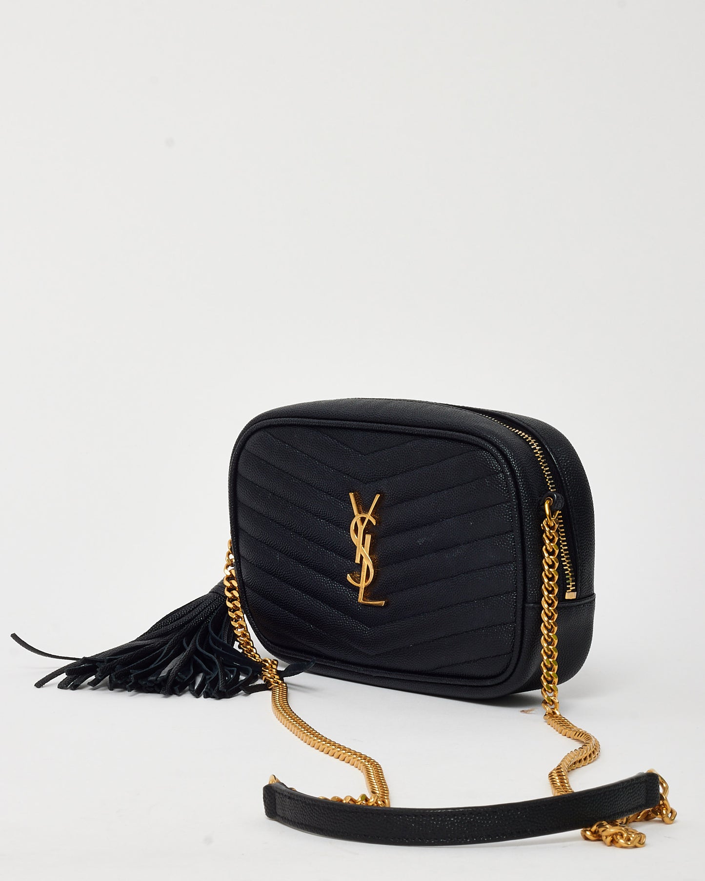 Saint Laurent Black Chevron Grain De Poudre YSL Mini Lou Chain Crossbody Bag GHW