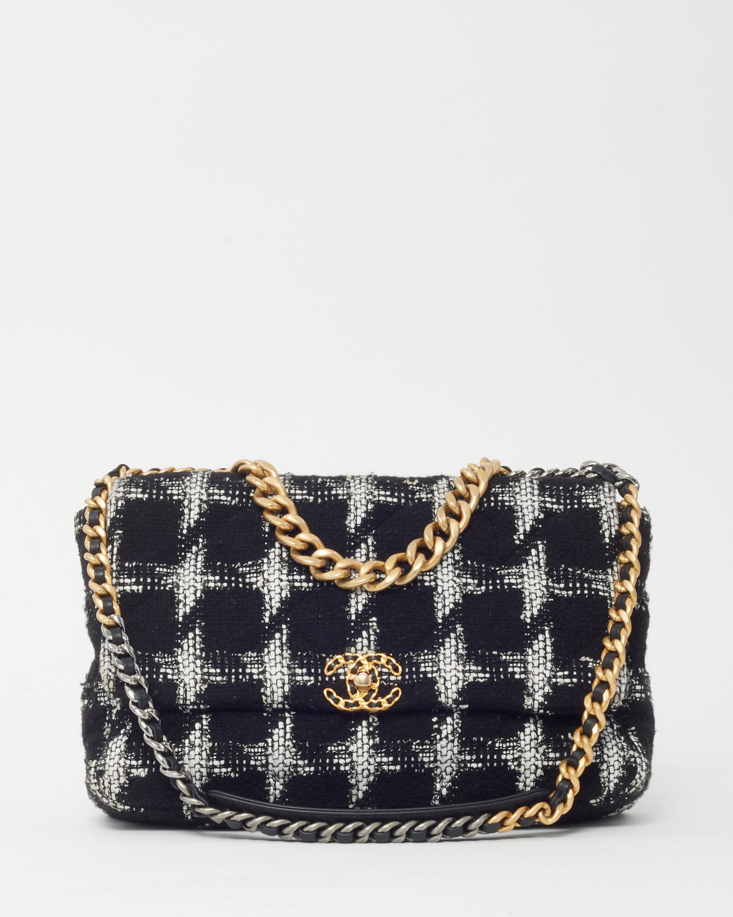 Chanel Black and White Houndstooth Tweed Maxi Chanel 19 Flap Bag