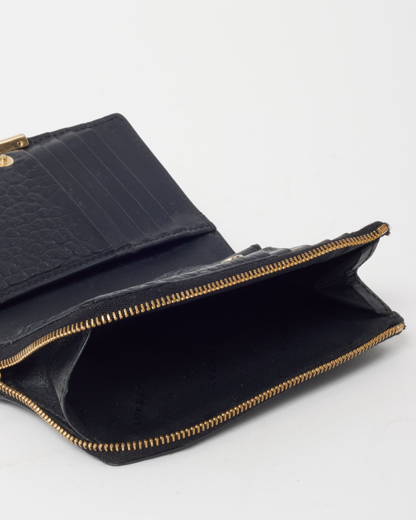 Burberry Black Textured Leather Gold Logo Small Wallet