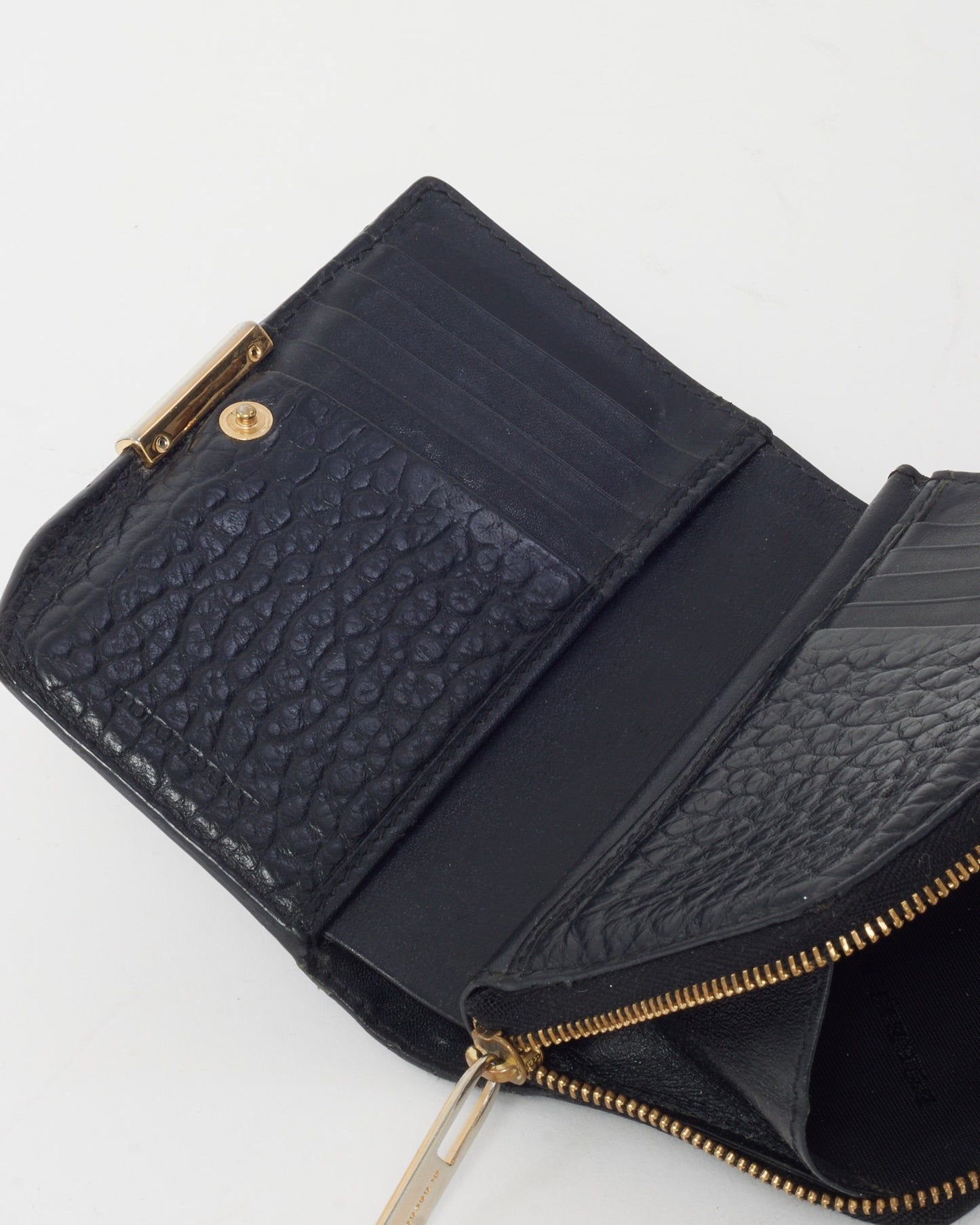 Burberry Black Textured Leather Gold Logo Small Wallet