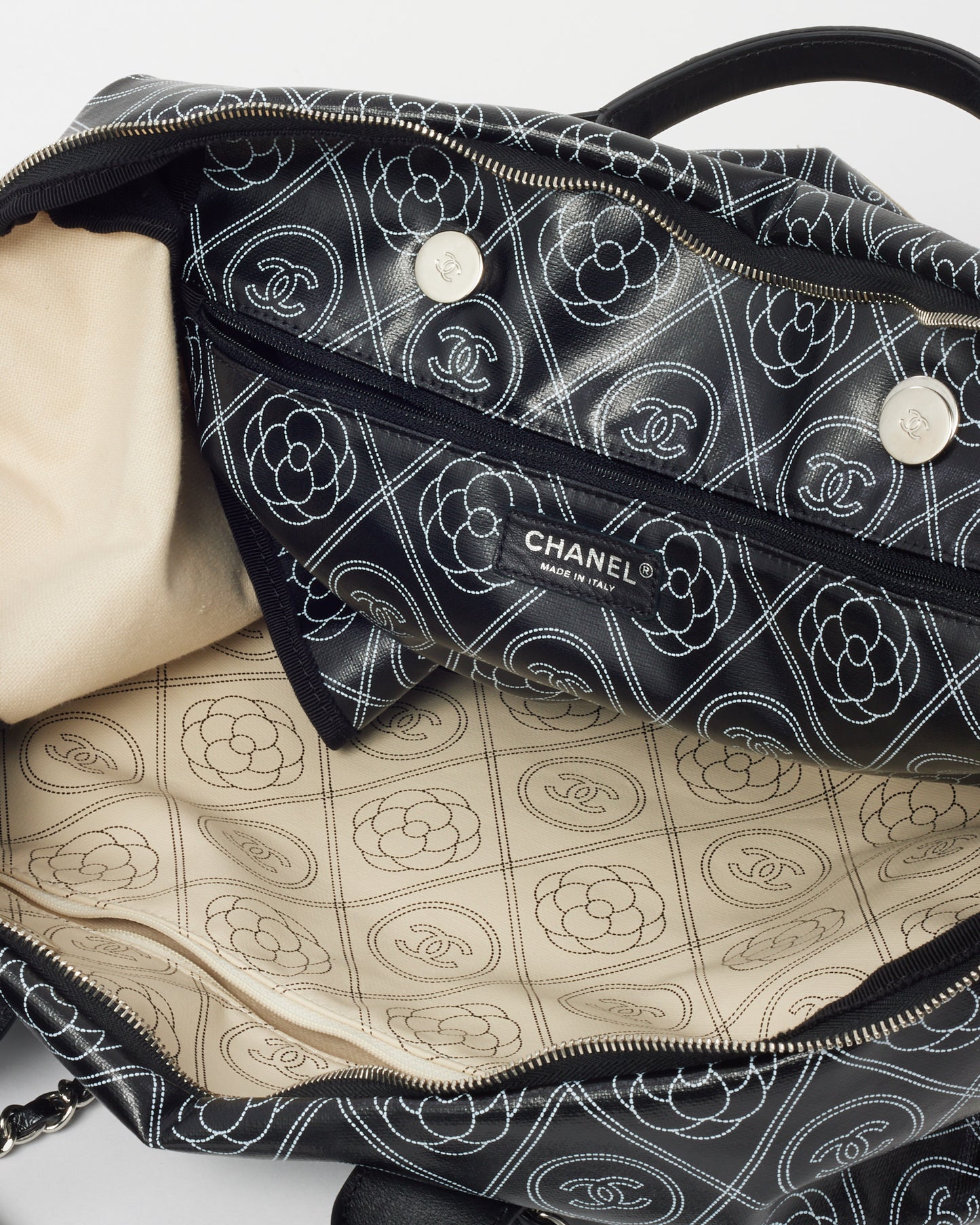 Chanel Black and White Cameillia Logo Coated Canvas Large Bowling Chain Duffle Bag