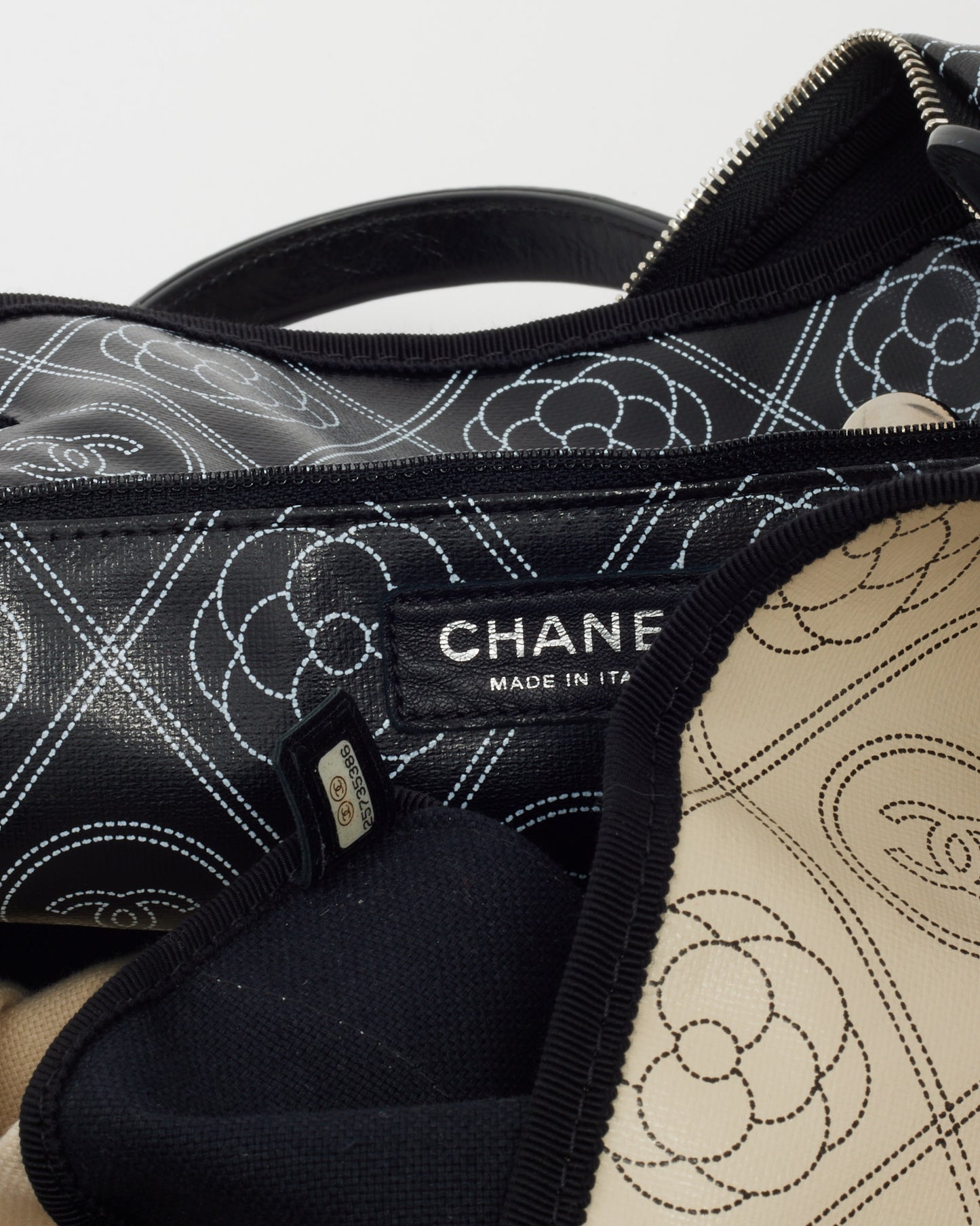 Chanel Black and White Cameillia Logo Coated Canvas Large Bowling Chain Duffle Bag