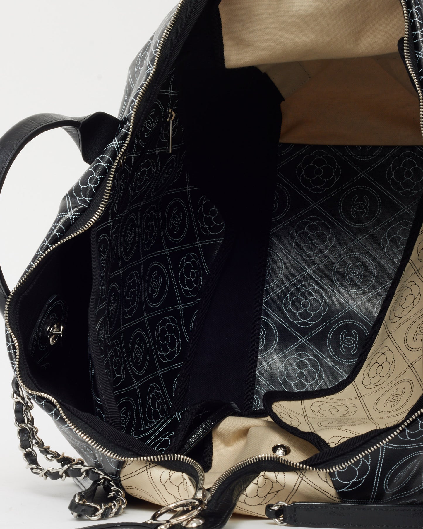 Chanel Black and White Cameillia Logo Coated Canvas Large Bowling Chain Duffle Bag
